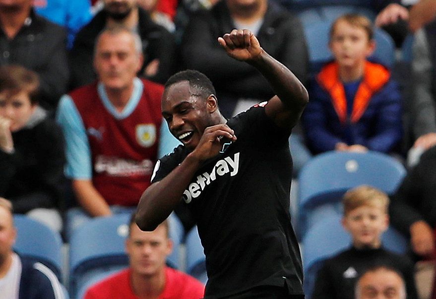 Soccer Football - Premier League - Burnley vs West Ham United - Turf Moor, Burnley, Britain - October 14, 2017   West Ham United's Michail Antonio celebrates scoring their first goal      Action Images via Reuters/Lee Smith    EDITORIAL USE ONLY. No use with unauthorized audio, video, data, fixture lists, club/league logos or "live" services. Online in-match use limited to 75 images, no video emulation. No use in betting, games or single club/league/player publications. Please contact your accou