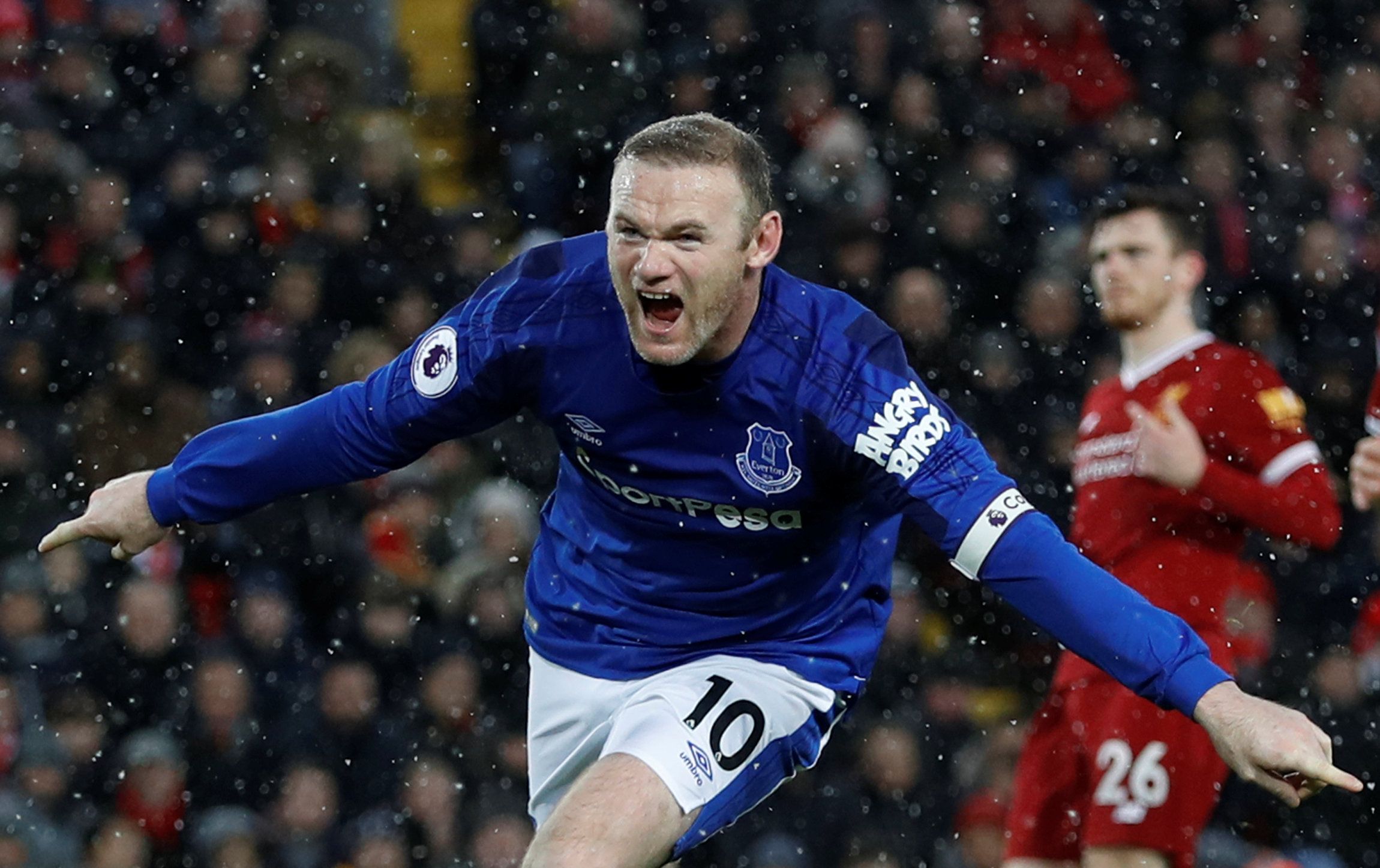 Soccer Football - Premier League - Liverpool vs Everton - Anfield, Liverpool, Britain - December 10, 2017   Everton's Wayne Rooney celebrates scoring their first goal             Action Images via Reuters/Lee Smith    EDITORIAL USE ONLY. No use with unauthorized audio, video, data, fixture lists, club/league logos or "live" services. Online in-match use limited to 75 images, no video emulation. No use in betting, games or single club/league/player publications. Please contact your account repres