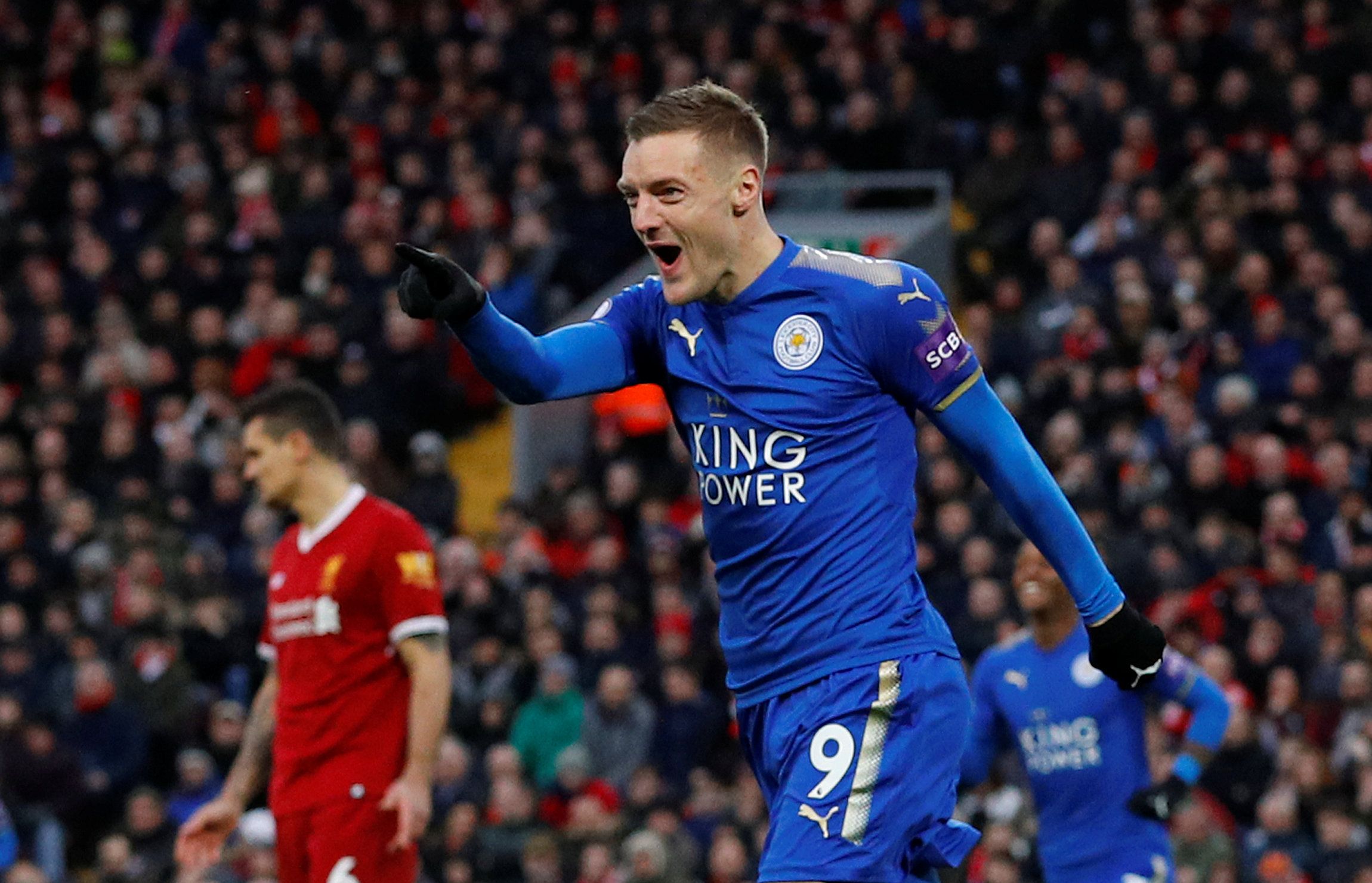 Soccer Football - Premier League - Liverpool vs Leicester City - Anfield, Liverpool, Britain - December 30, 2017   Leicester City's Jamie Vardy celebrates scoring their first goal     REUTERS/Phil Noble    EDITORIAL USE ONLY. No use with unauthorized audio, video, data, fixture lists, club/league logos or "live" services. Online in-match use limited to 75 images, no video emulation. No use in betting, games or single club/league/player publications.  Please contact your account representative fo