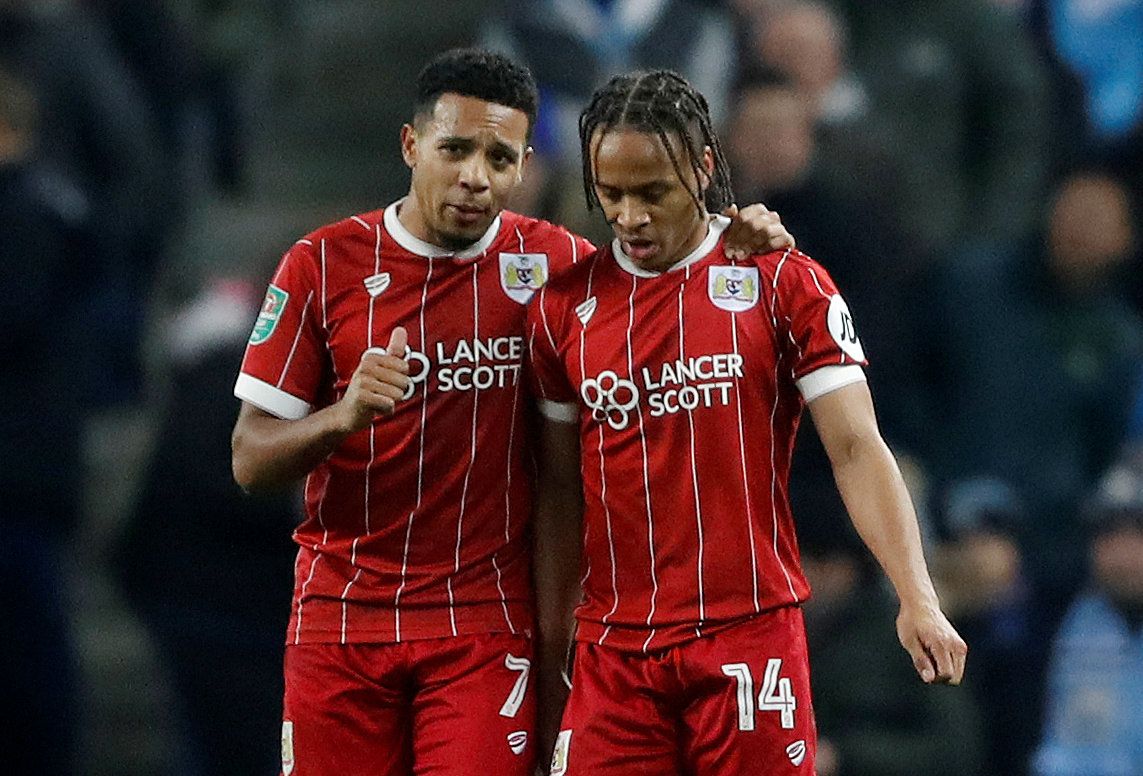 Soccer Football - Carabao Cup Semi Final First Leg - Manchester City vs Bristol City - Etihad Stadium, Manchester, Britain - January 9, 2018   Bristol City's Bobby Reid celebrates scoring their first goal with Korey Smith   Action Images via Reuters/Carl Recine    EDITORIAL USE ONLY. No use with unauthorized audio, video, data, fixture lists, club/league logos or 