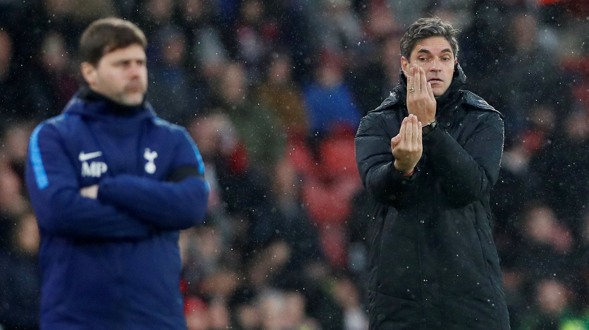 Soccer Football - Premier League - Southampton vs Tottenham Hotspur - St Mary's Stadium, Southampton, Britain - January 21, 2018   Southampton manager Mauricio Pellegrino and Tottenham manager Mauricio Pochettino        REUTERS/David Klein    EDITORIAL USE ONLY. No use with unauthorized audio, video, data, fixture lists, club/league logos or 