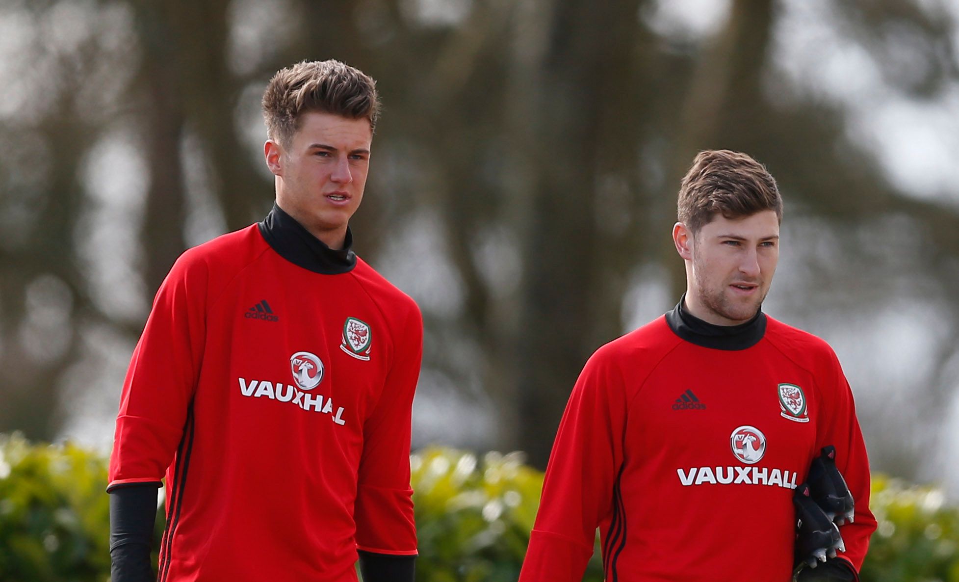 Britain Football Soccer - Wales Training - The Vale Resort, Hensol, Wales - 21/3/17 Wales' Ben Davies and Harry Wilson during training Action Images via Reuters / Matthew Childs Livepic EDITORIAL USE ONLY.