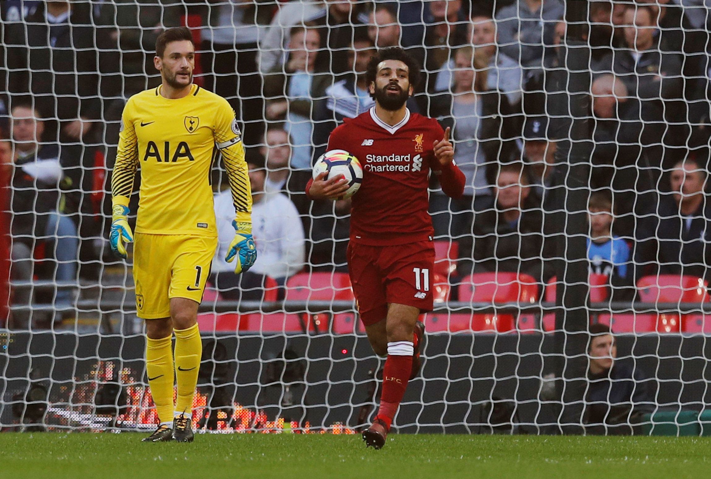 Soccer Football - Premier League - Tottenham Hotspur vs Liverpool - Wembley Stadium, London, Britain - October 22, 2017   Liverpool's Mohamed Salah celebrates scoring their first goal as Tottenham's Hugo Lloris looks on    REUTERS/Eddie Keogh    EDITORIAL USE ONLY. No use with unauthorized audio, video, data, fixture lists, club/league logos or 