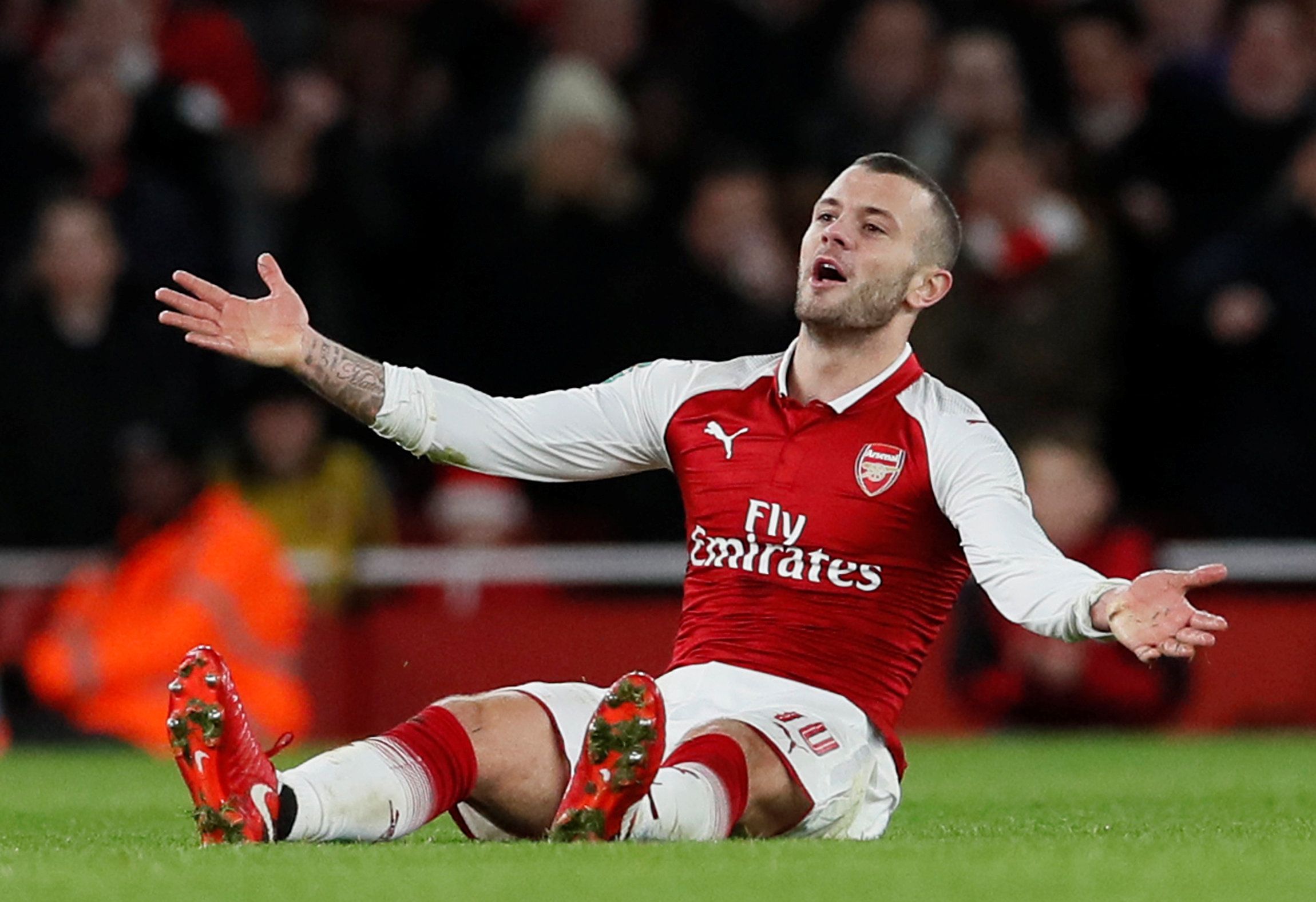 Soccer Football - Carabao Cup Semi Final Second Leg - Arsenal vs Chelsea - Emirates Stadium, London, Britain - January 24, 2018   Arsenal's Jack Wilshere reacts   REUTERS/David Klein    EDITORIAL USE ONLY. No use with unauthorized audio, video, data, fixture lists, club/league logos or "live" services. Online in-match use limited to 75 images, no video emulation. No use in betting, games or single club/league/player publications. Please contact your account representative for further details.