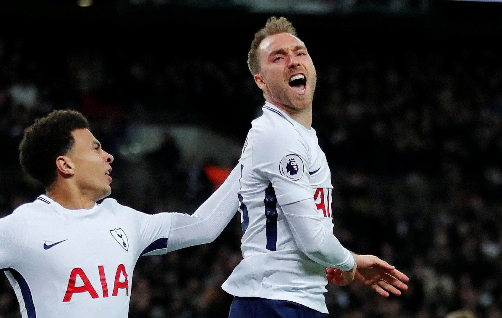Soccer Football - Premier League - Tottenham Hotspur vs Manchester United - Wembley Stadium, London, Britain - January 31, 2018   Tottenham's Christian Eriksen celebrates with Dele Alli after scoring their first goal     REUTERS/Eddie Keogh    EDITORIAL USE ONLY. No use with unauthorized audio, video, data, fixture lists, club/league logos or 