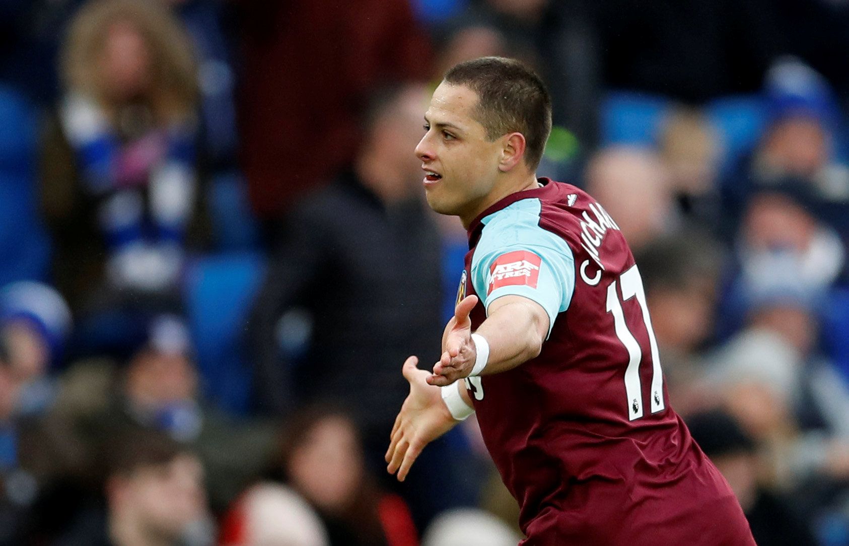 Soccer Football - Premier League - Brighton &amp; Hove Albion vs West Ham United - The American Express Community Stadium, Brighton, Britain - February 3, 2018   West Ham United's Javier Hernandez celebrates scoring their first goal     Action Images via Reuters/Matthew Childs    EDITORIAL USE ONLY. No use with unauthorized audio, video, data, fixture lists, club/league logos or "live" services. Online in-match use limited to 75 images, no video emulation. No use in betting, games or single club