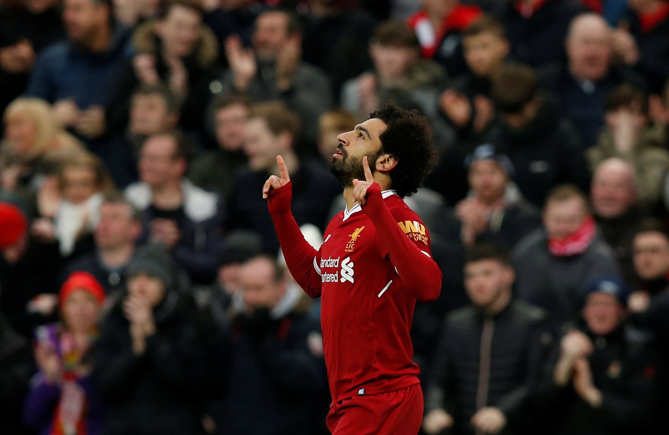 Soccer Football - Premier League - Liverpool vs Tottenham Hotspur - Anfield, Liverpool, Britain - February 4, 2018   Liverpool's Mohamed Salah celebrates scoring their first goal     REUTERS/Andrew Yates    EDITORIAL USE ONLY. No use with unauthorized audio, video, data, fixture lists, club/league logos or 