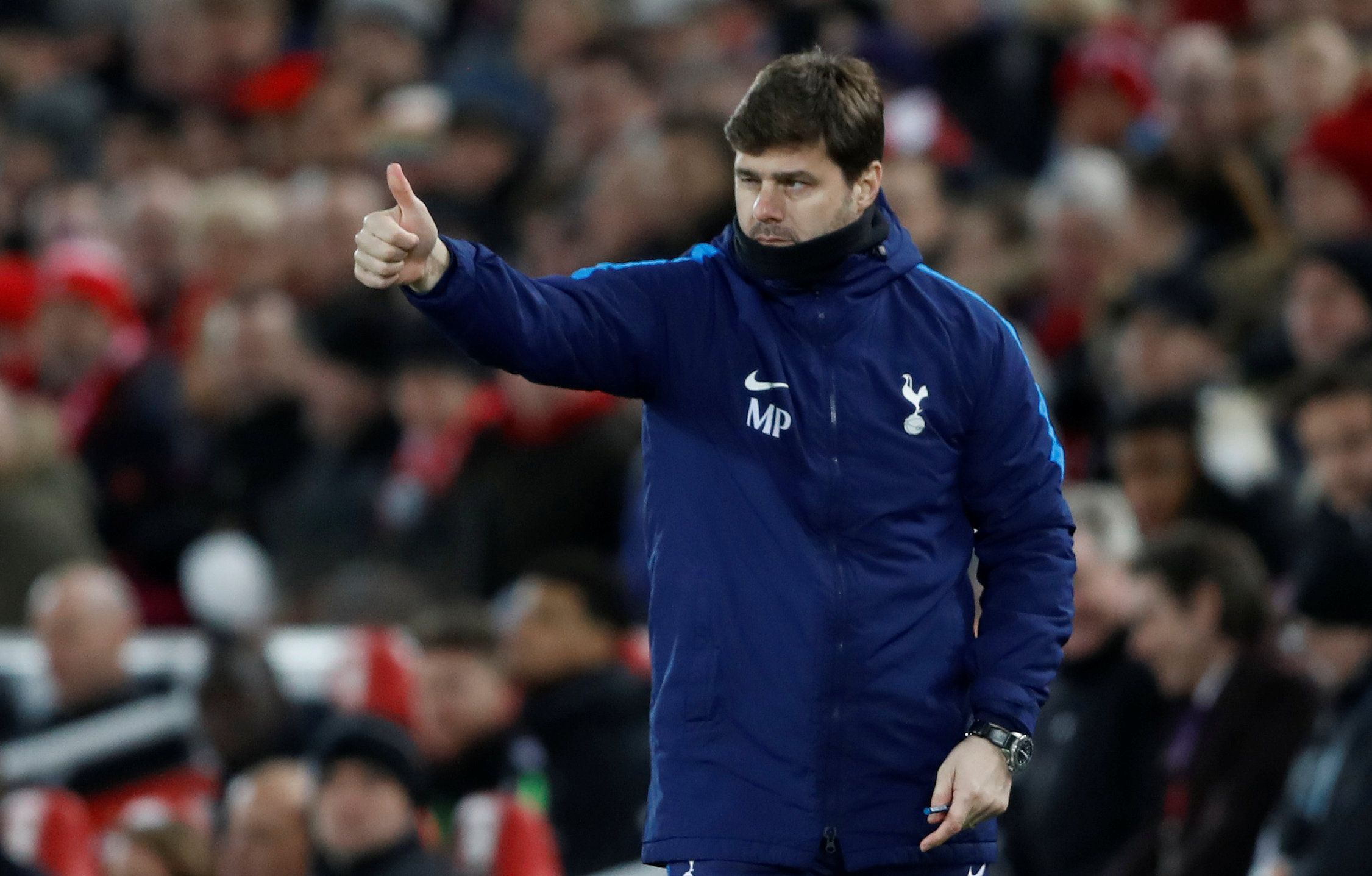 Soccer Football - Premier League - Liverpool vs Tottenham Hotspur - Anfield, Liverpool, Britain - February 4, 2018   Tottenham manager Mauricio Pochettino gestures   Action Images via Reuters/Carl Recine    EDITORIAL USE ONLY. No use with unauthorized audio, video, data, fixture lists, club/league logos or 
