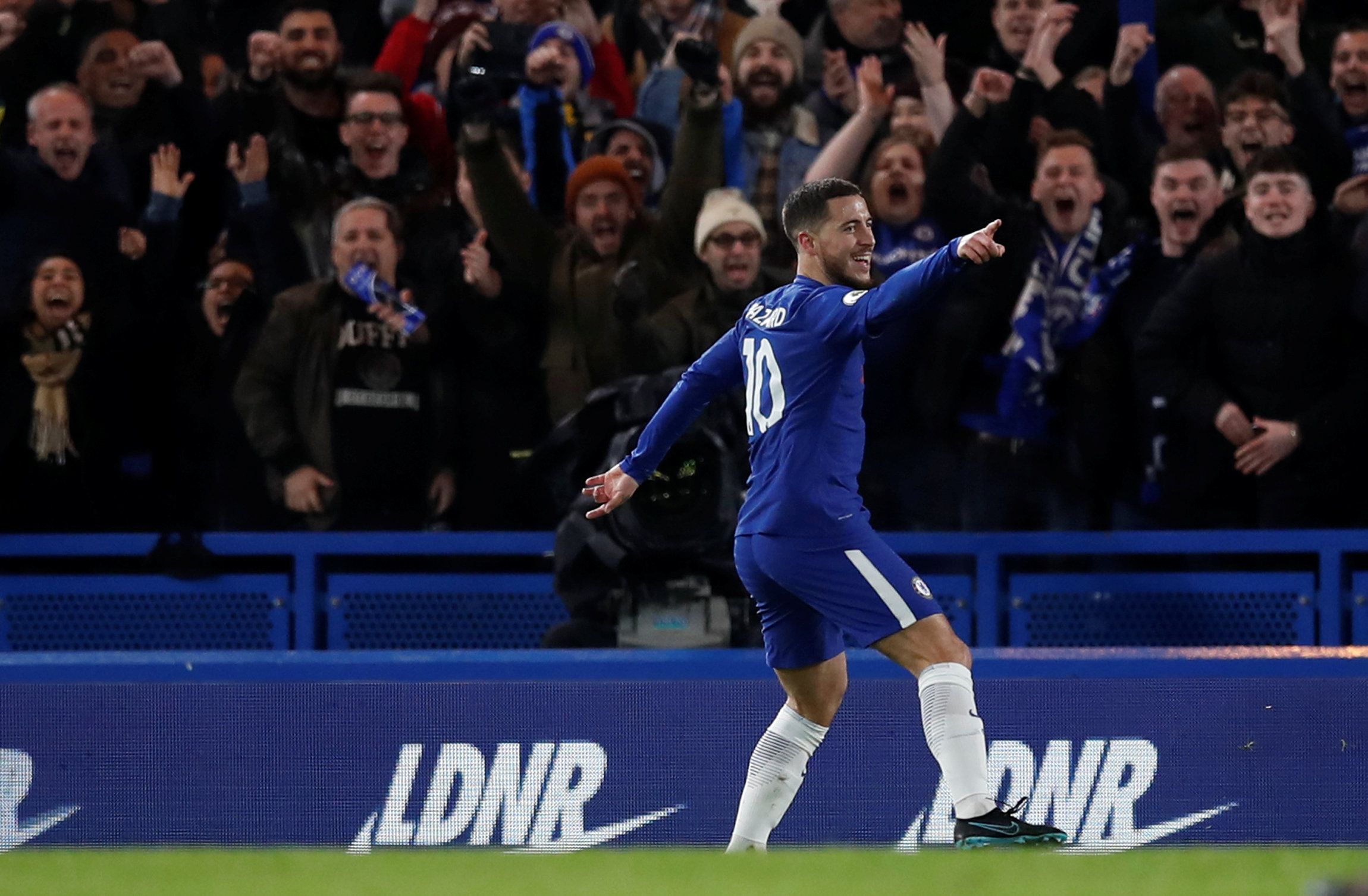Soccer Football - Premier League - Chelsea vs West Bromwich Albion - Stamford Bridge, London, Britain - February 12, 2018   Chelsea's Eden Hazard celebrates scoring their first goal   REUTERS/Eddie Keogh    EDITORIAL USE ONLY. No use with unauthorized audio, video, data, fixture lists, club/league logos or 