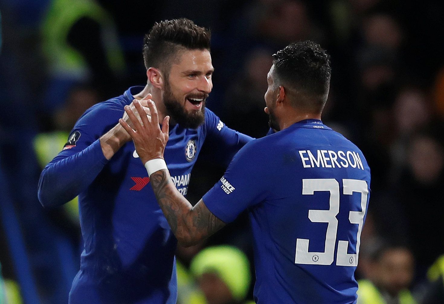Soccer Football - FA Cup Fifth Round - Chelsea vs Hull City - Stamford Bridge, London, Britain - February 16, 2018   Chelsea's Olivier Giroud celebrates scoring their fourth goal with Emerson Palmieri    REUTERS/Eddie Keogh