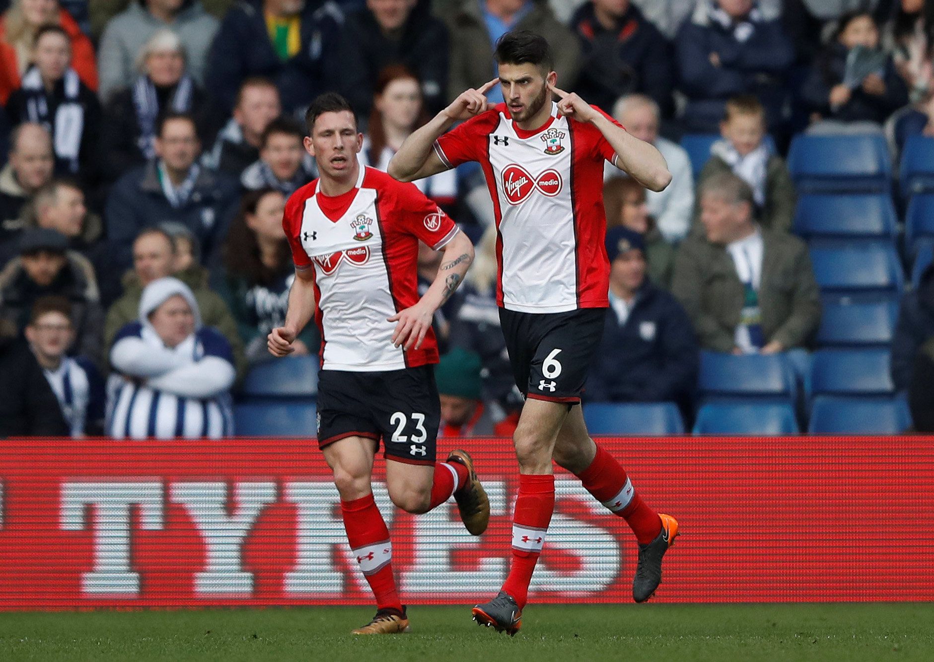 Soccer Football - FA Cup Fifth Round - West Bromwich Albion vs Southampton - The Hawthorns, West Bromwich, Britain - February 17, 2018   Southampton's Wesley Hoedt celebrates scoring their first goal with Pierre-Emile Hojbjerg    Action Images via Reuters/Carl Recine