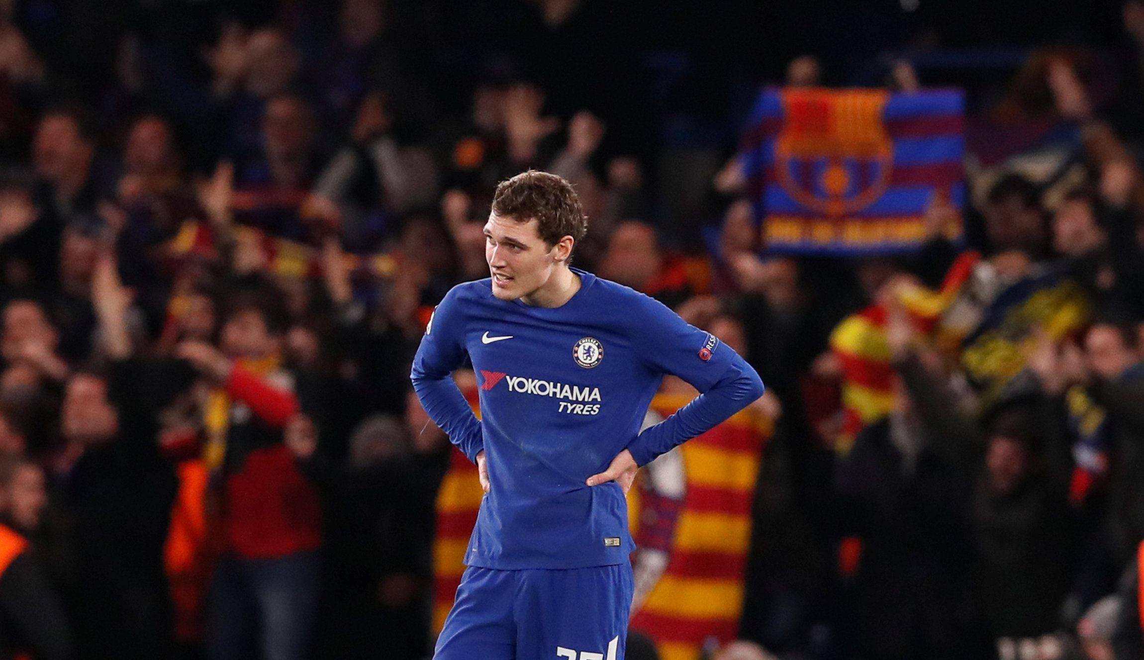 Soccer Football - Champions League Round of 16 First Leg - Chelsea vs FC Barcelona - Stamford Bridge, London, Britain - February 20, 2018   Chelsea's Andreas Christensen looks dejected after Barcelona’s Lionel Messi scores their first goal    REUTERS/David Klein