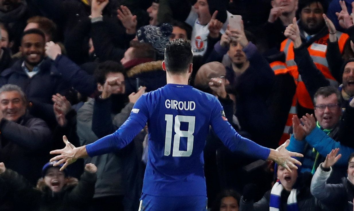 Soccer Football - FA Cup Fifth Round - Chelsea vs Hull City - Stamford Bridge, London, Britain - February 16, 2018   Chelsea's Olivier Giroud celebrates scoring their fourth goal    Action Images via Reuters/Paul Childs