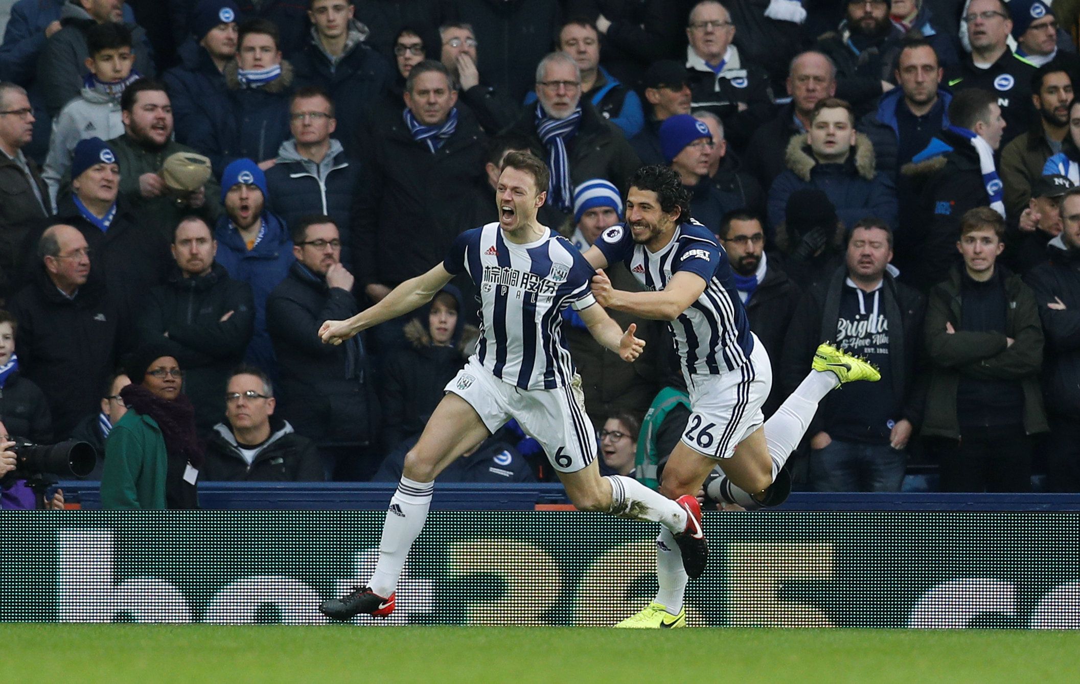 Soccer Football - Premier League - West Bromwich Albion vs Brighton &amp; Hove Albion - The Hawthorns, West Bromwich, Britain - January 13, 2018   West Bromwich Albion's Jonny Evans celebrates scoring their first goal with Ahmed Hegazi    REUTERS/Darren Staples    EDITORIAL USE ONLY. No use with unauthorized audio, video, data, fixture lists, club/league logos or "live" services. Online in-match use limited to 75 images, no video emulation. No use in betting, games or single club/league/player p