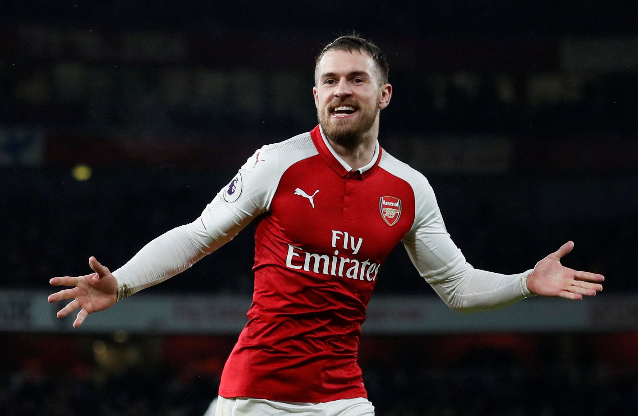 Soccer Football - Premier League - Arsenal vs Everton - Emirates Stadium, London, Britain - February 3, 2018   Arsenal's Aaron Ramsey celebrates scoring their fifth goal to complete his hat-trick    REUTERS/David Klein    EDITORIAL USE ONLY. No use with unauthorized audio, video, data, fixture lists, club/league logos or 