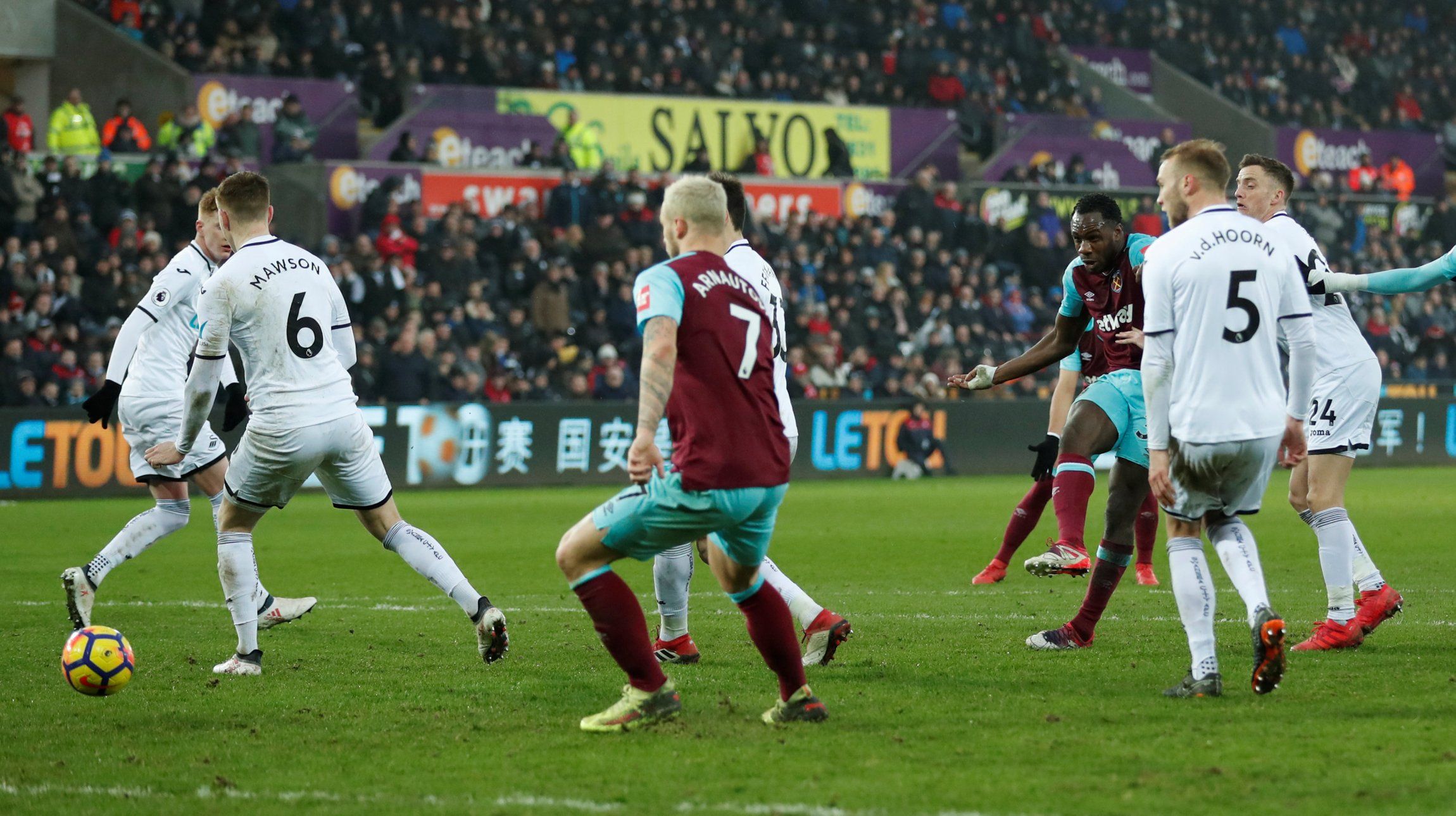 West Ham winger Michail Antonio scores against Swansea
