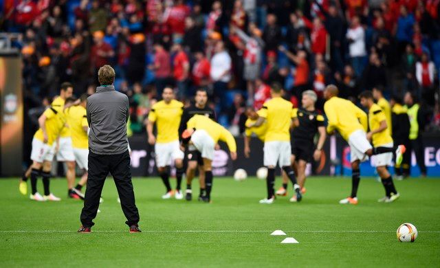 Football Soccer - Liverpool v Sevilla - UEFA Europa League Final - St. Jakob-Park, Basel, Switzerland - 18/5/16 
Liverpool manager Juergen Klopp watches Sevilla warm up before the match 
Reuters / Dylan Martinez 
Livepic 
EDITORIAL USE ONLY.
