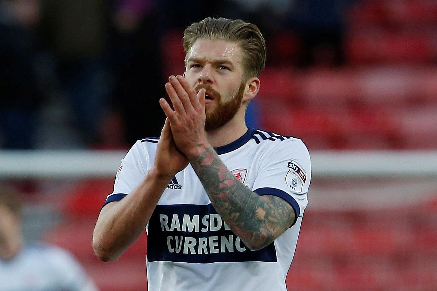 Soccer Football - Championship - Sunderland vs Middlesbrough - Stadium of Light, Sunderland, Britain - February 24, 2018   Middlesbrough's Adam Clayton applauds the fans after the match        Action Images/Craig Brough    EDITORIAL USE ONLY. No use with unauthorized audio, video, data, fixture lists, club/league logos or 