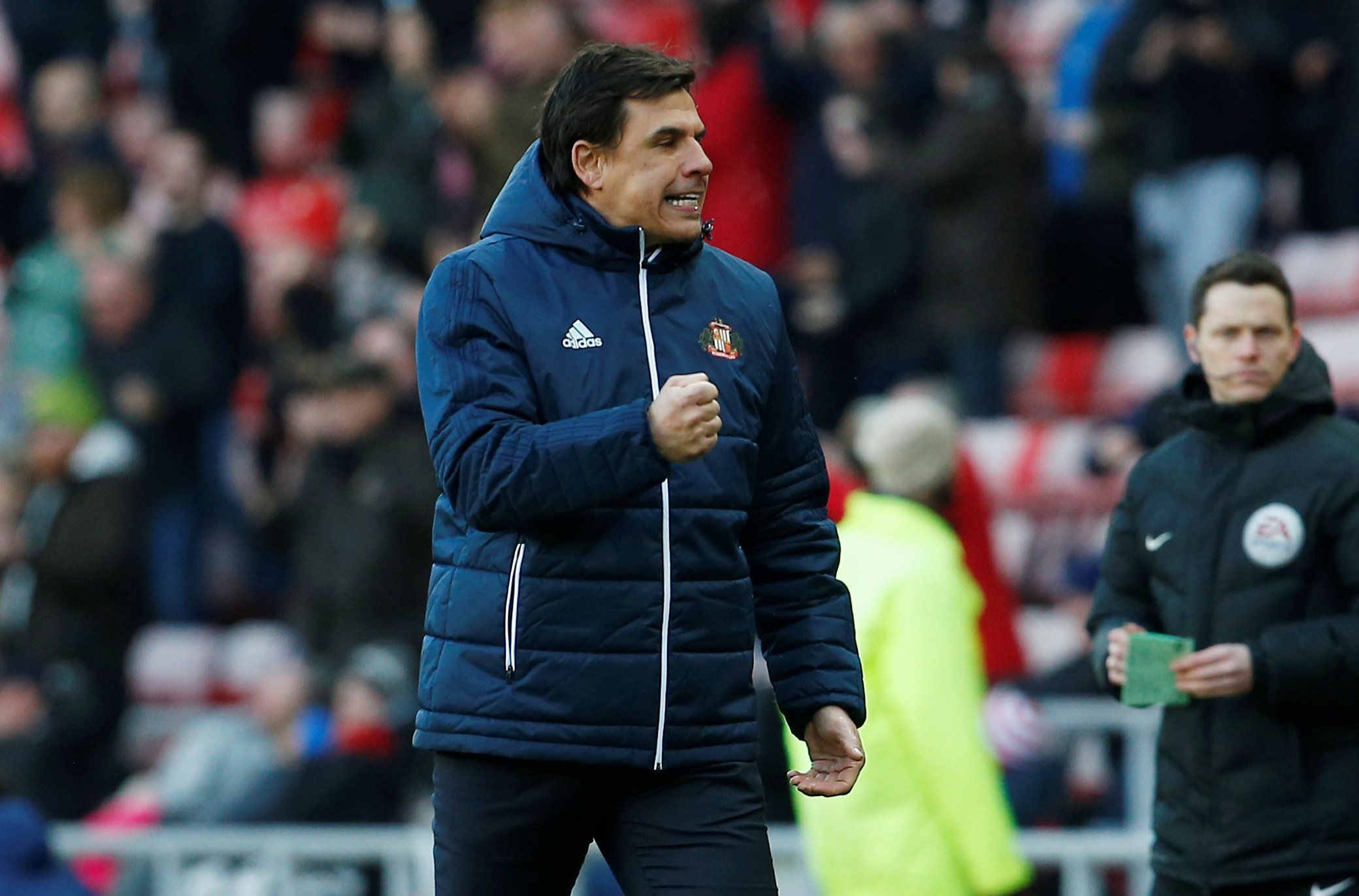 Soccer Football - Championship - Sunderland vs Middlesbrough - Stadium of Light, Sunderland, Britain - February 24, 2018  Sunderland manager Chris Coleman celebrates after his side's first goal scored by Joel Asoro (not pictured)   Action Images/Craig Brough  EDITORIAL USE ONLY. No use with unauthorized audio, video, data, fixture lists, club/league logos or 