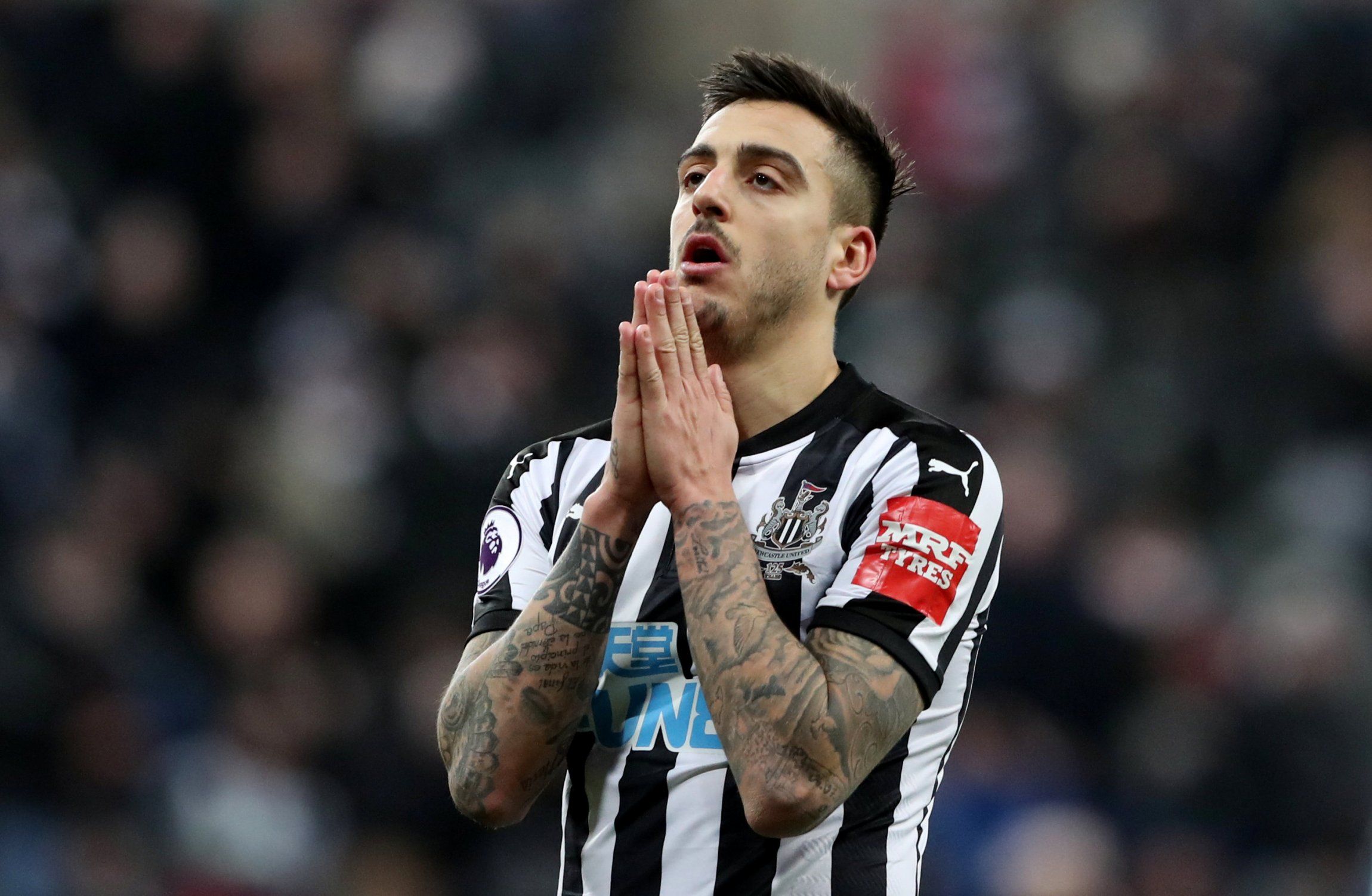 Newcastle striker Joselu reacts after missing chance