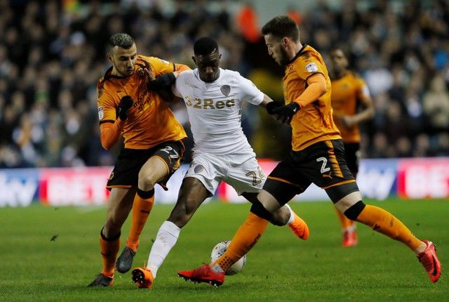 Soccer Football - Championship - Leeds United vs Wolverhampton Wanderers - Elland Road, Leeds, Britain - March 7, 2018   Leeds United's Hadi Sacko in action with Wolverhampton Wanderers' Matt Doherty and Romain Saiss   Action Images/Lee Smith    EDITORIAL USE ONLY. No use with unauthorized audio, video, data, fixture lists, club/league logos or 