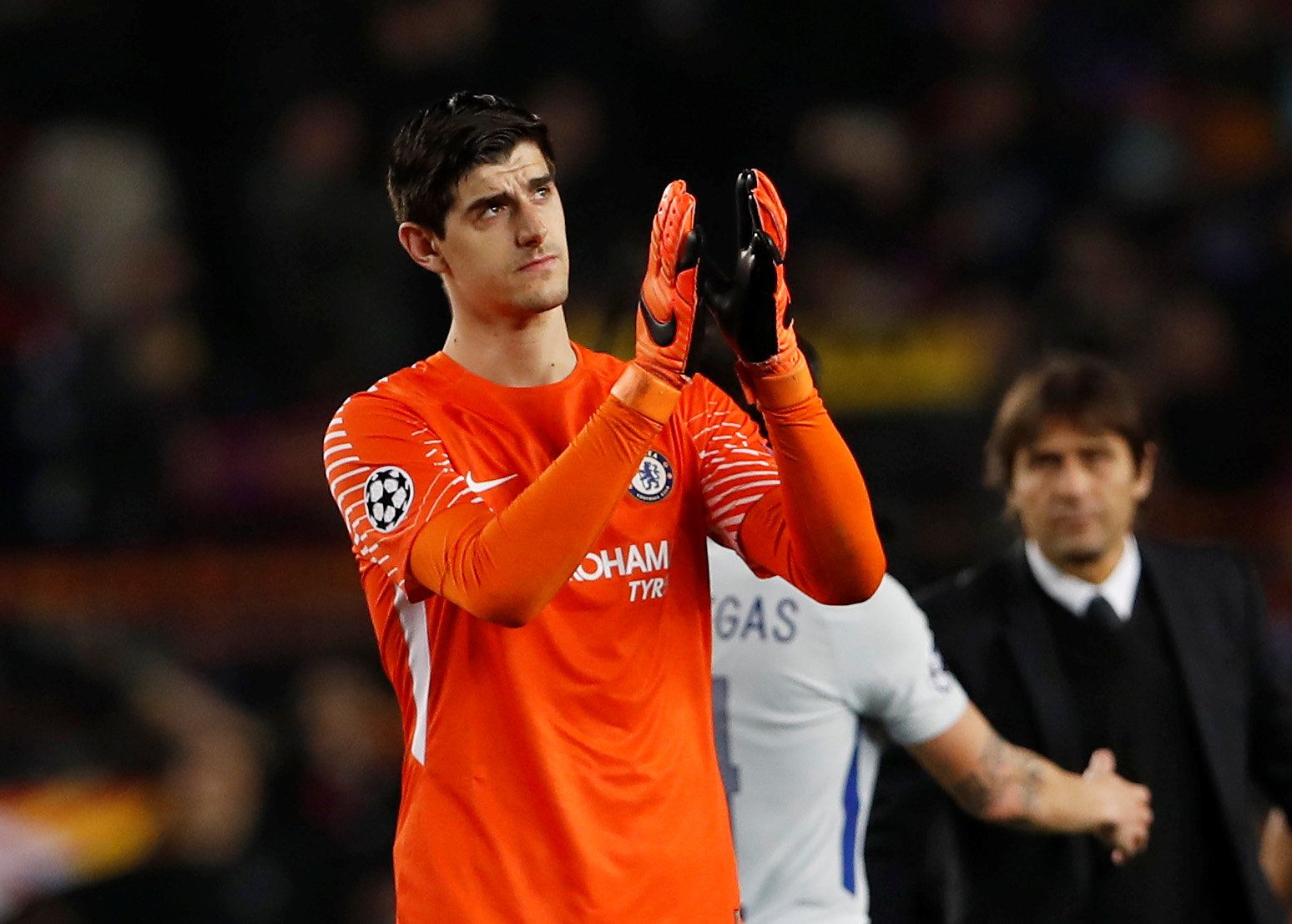 Thibaout Courtois looks dejected after Chelsea defeat
