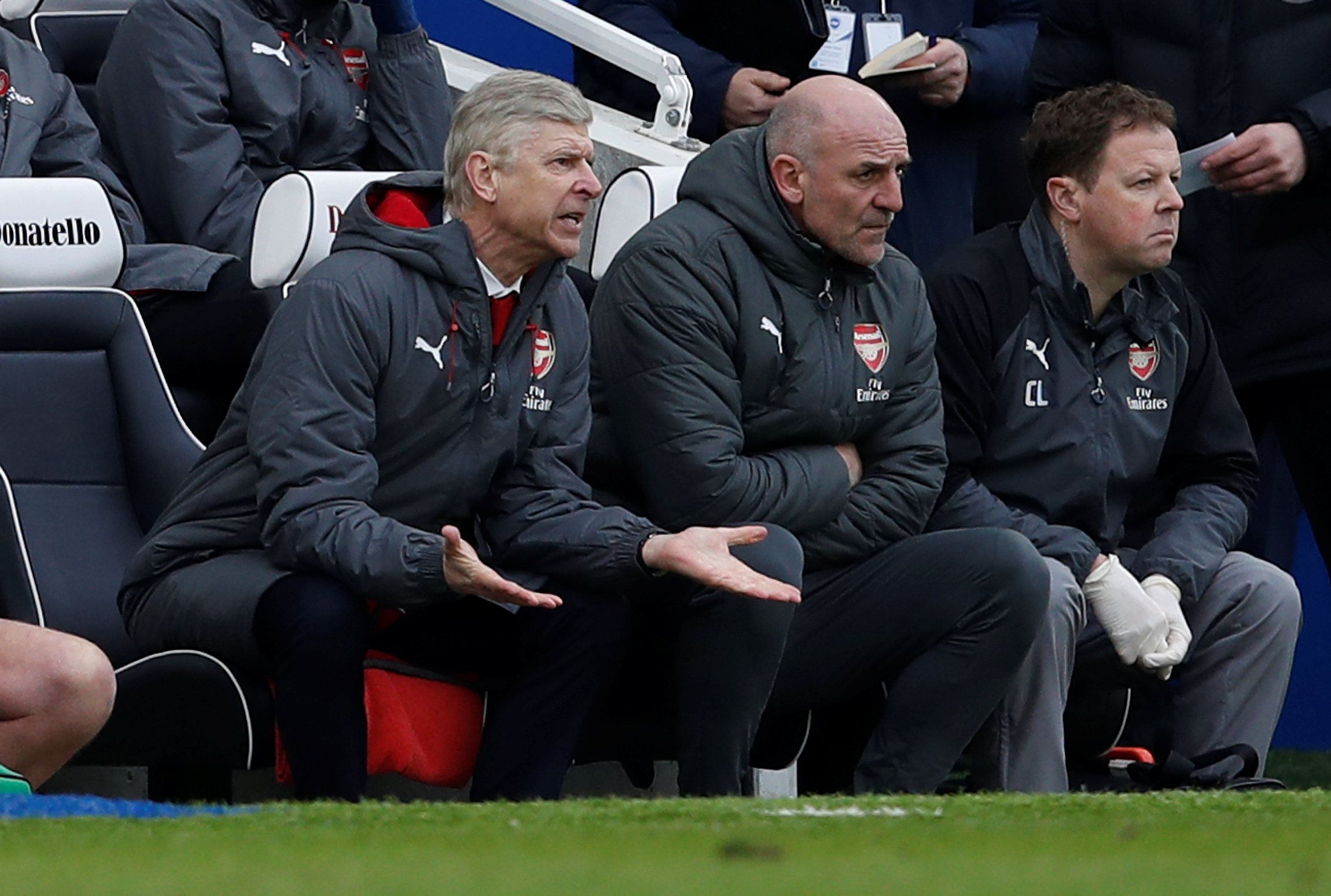 Soccer Football - Premier League - Brighton &amp; Hove Albion vs Arsenal - The American Express Community Stadium, Brighton, Britain - March 4, 2018   Arsenal manager Arsene Wenger and assistant manager Steve Bould look dejected    REUTERS/Eddie Keogh    EDITORIAL USE ONLY. No use with unauthorized audio, video, data, fixture lists, club/league logos or 