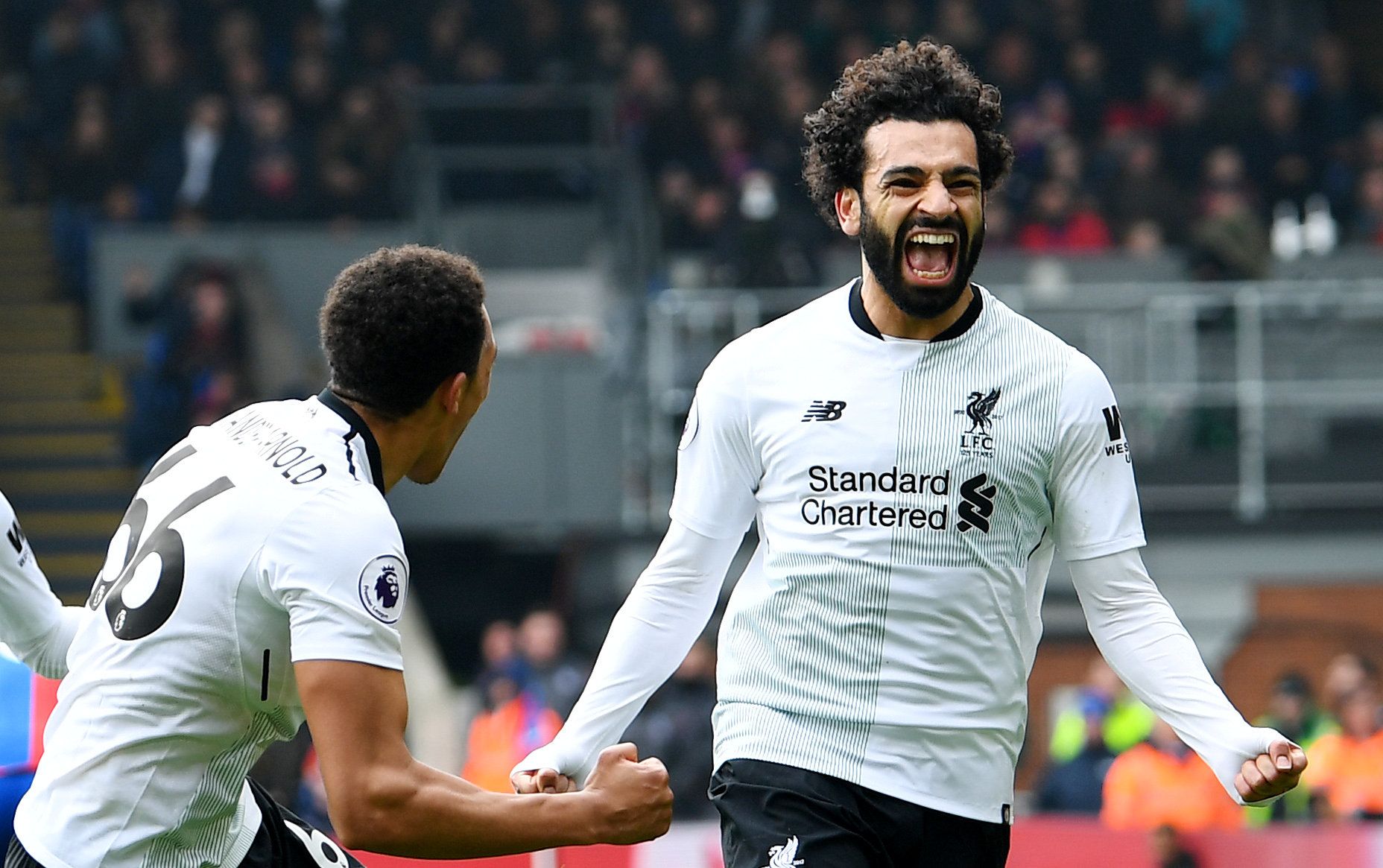 Soccer Football - Premier League - Crystal Palace vs Liverpool - Selhurst Park, London, Britain - March 31, 2018   Liverpool's Mohamed Salah celebrates scoring their second goal with Trent Alexander-Arnold    REUTERS/Dylan Martinez    EDITORIAL USE ONLY. No use with unauthorized audio, video, data, fixture lists, club/league logos or 
