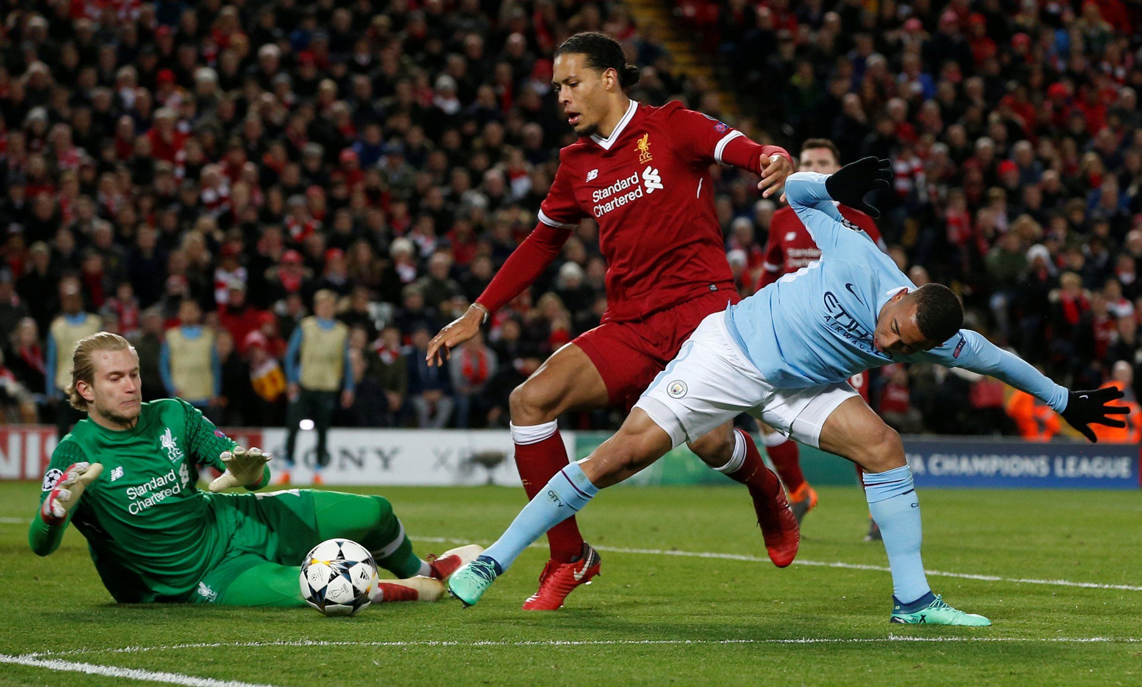 Liverpool defender Virgil van Dijk tracks Gabriel Jesus against Manchester City in the Champions League