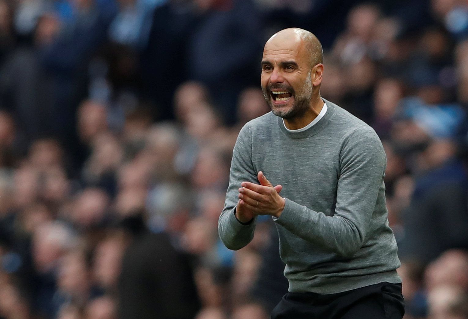 Soccer Football - Premier League - Manchester City vs Manchester United - Etihad Stadium, Manchester, Britain - April 7, 2018   Manchester City manager Pep Guardiola                  Action Images via Reuters/Lee Smith    EDITORIAL USE ONLY. No use with unauthorized audio, video, data, fixture lists, club/league logos or 