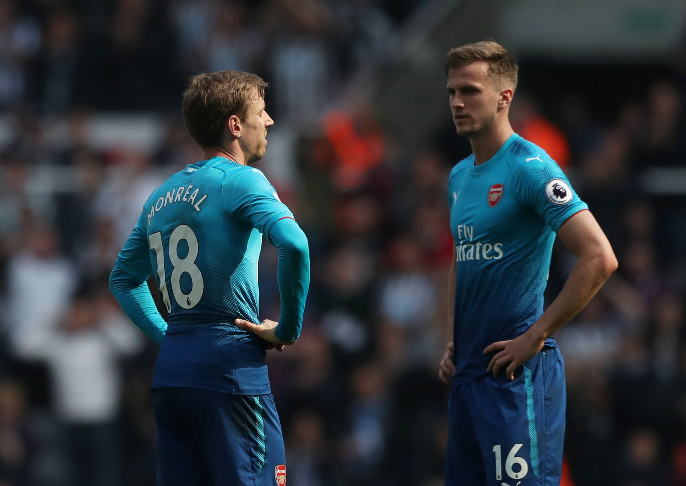 Soccer Football - Premier League - Newcastle United vs Arsenal - St James' Park, Newcastle, Britain - April 15, 2018   Arsenal's Nacho Monreal and Rob Holding looks dejected after the match            REUTERS/Scott Heppell    EDITORIAL USE ONLY. No use with unauthorized audio, video, data, fixture lists, club/league logos or 