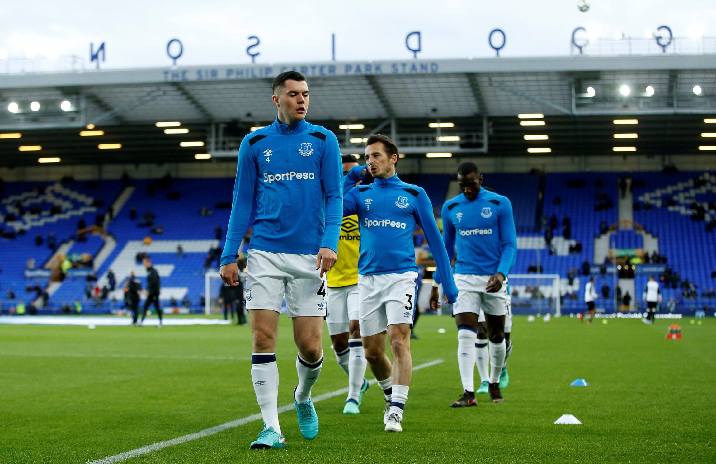 Everton defender Michael Keane warming-up for the Toffees