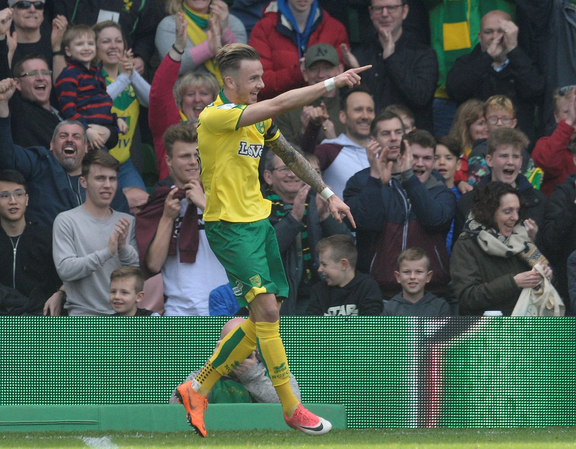 Soccer Football - Championship - Norwich City vs Aston Villa - Carrow Road, Norwich, Britain - April 7, 2018  Norwich's James Maddison celebrates scoring their third goal     Action Images/Alan Walter  EDITORIAL USE ONLY. No use with unauthorized audio, video, data, fixture lists, club/league logos or "live" services. Online in-match use limited to 75 images, no video emulation. No use in betting, games or single club/league/player publications. Please contact your account representative for fur