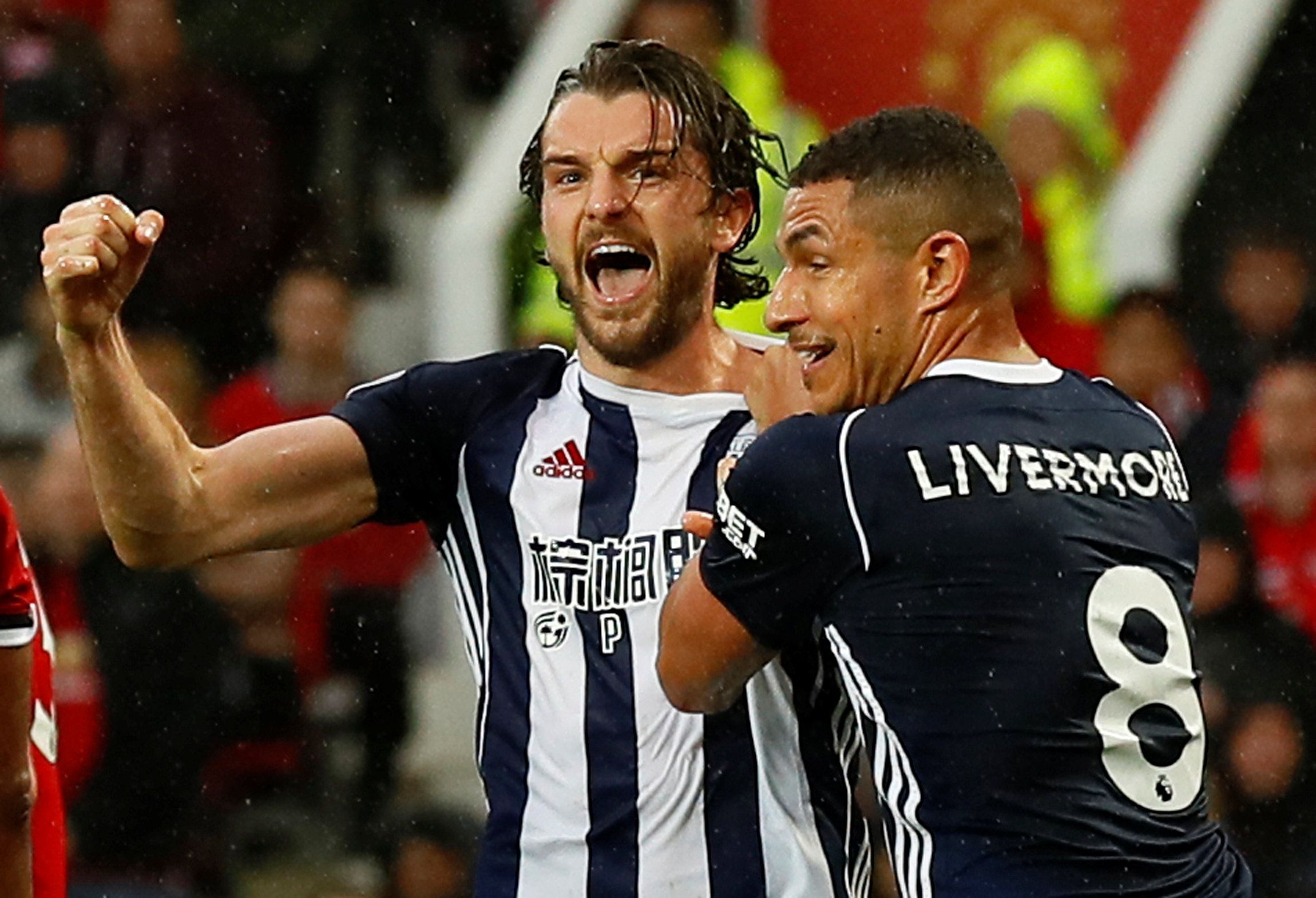 Soccer Football - Premier League - Manchester United vs West Bromwich Albion - Old Trafford, Manchester, Britain - April 15, 2018   West Bromwich Albion's Jay Rodriguez celebrates scoring their first goal with Jake Livermore   Action Images via Reuters/Jason Cairnduff    EDITORIAL USE ONLY. No use with unauthorized audio, video, data, fixture lists, club/league logos or "live" services. Online in-match use limited to 75 images, no video emulation. No use in betting, games or single club/league/p
