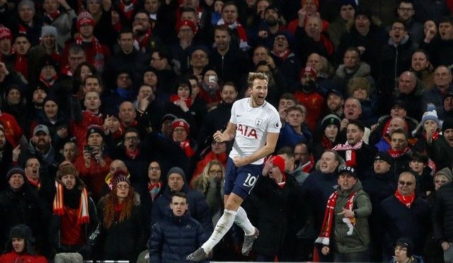 Soccer Football - Premier League - Liverpool vs Tottenham Hotspur - Anfield, Liverpool, Britain - February 4, 2018   Tottenham's Harry Kane celebrates scoring their second goal    Action Images via Reuters/Carl Recine    EDITORIAL USE ONLY. No use with unauthorized audio, video, data, fixture lists, club/league logos or 