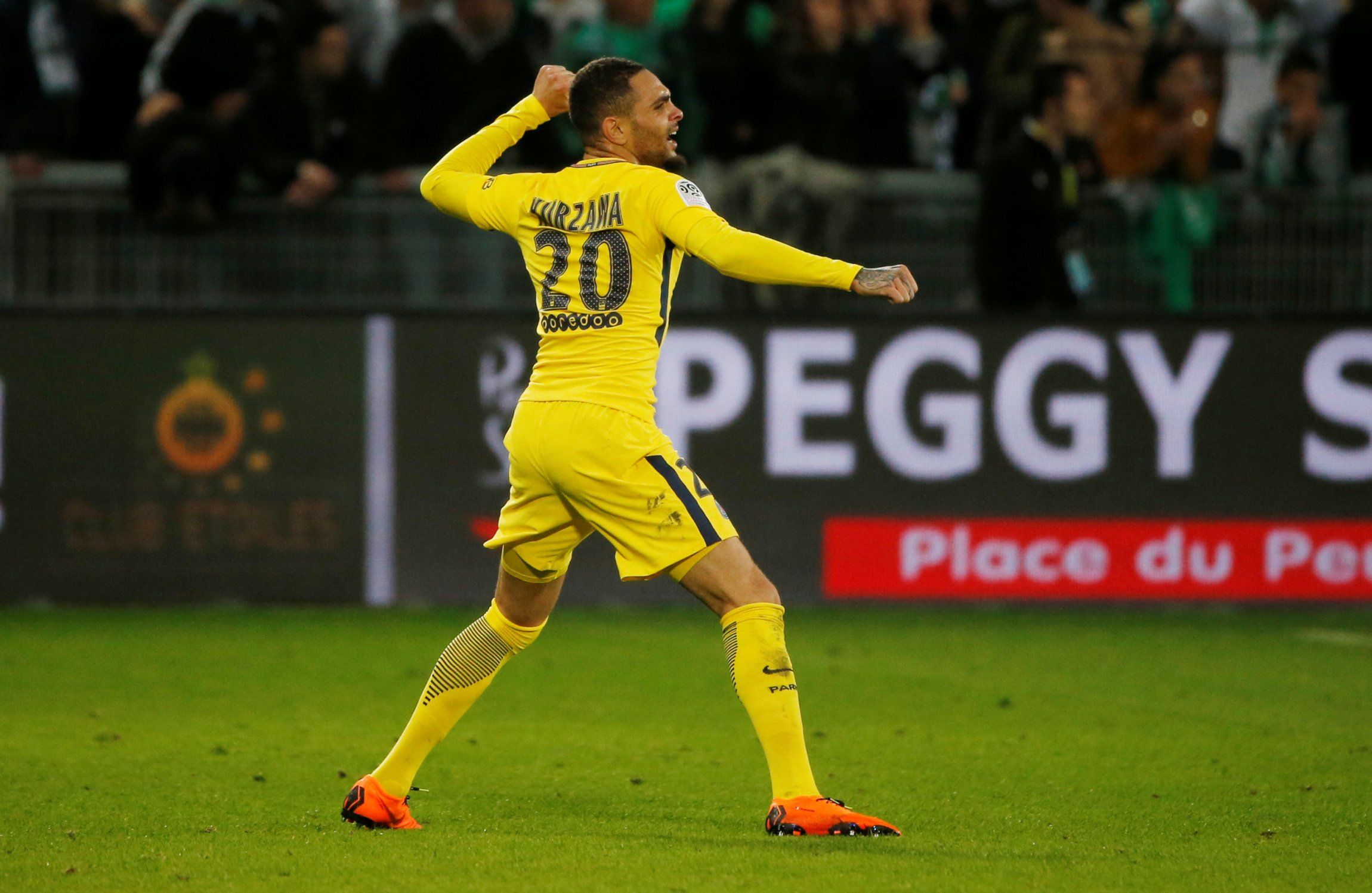 Layvin Kurzawa celebrates a Paris Saint-Germain goal