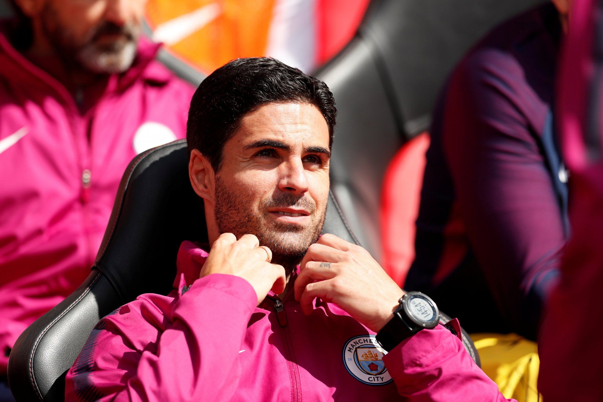 Mikel Arteta on Manchester City's bench for their Premier League game against Southampton