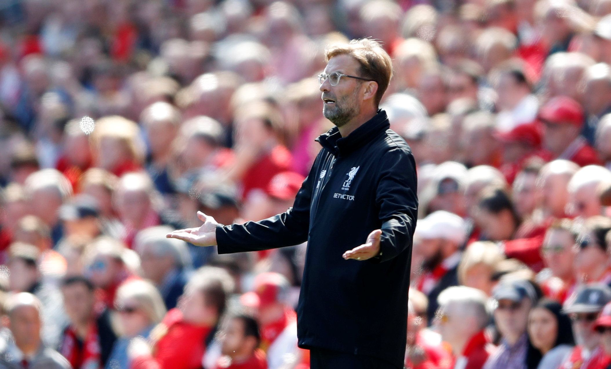 Soccer Football - Premier League - Liverpool vs Brighton &amp; Hove Albion - Anfield, Liverpool, Britain - May 13, 2018   Liverpool manager Juergen Klopp reacts    Action Images via Reuters/Carl Recine    EDITORIAL USE ONLY. No use with unauthorized audio, video, data, fixture lists, club/league logos or 