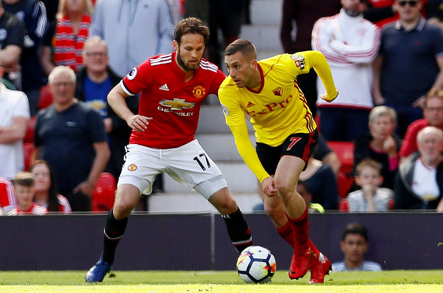 Soccer Football - Premier League - Manchester United vs Watford - Old Trafford, Manchester, Britain - May 13, 2018   Manchester United's Daley Blind in action with Watford's Gerard Deulofeu    Action Images via Reuters/Jason Cairnduff    EDITORIAL USE ONLY. No use with unauthorized audio, video, data, fixture lists, club/league logos or 