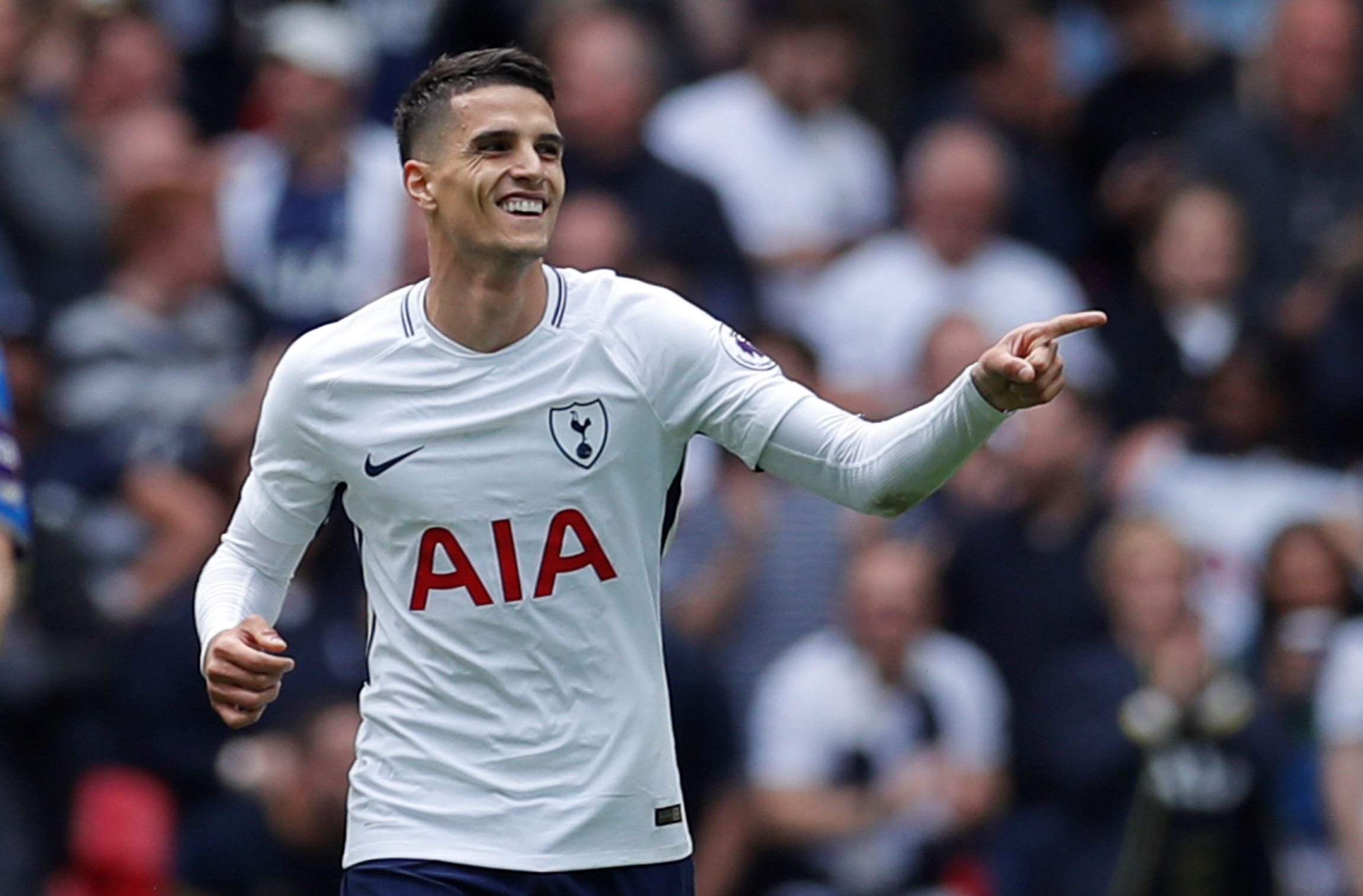 Soccer Football - Premier League - Tottenham Hotspur vs Leicester City - Wembley Stadium, London, Britain - May 13, 2018   Tottenham's Erik Lamela celebrates scoring their fourth goal    Action Images via Reuters/Andrew Couldridge    EDITORIAL USE ONLY. No use with unauthorized audio, video, data, fixture lists, club/league logos or 