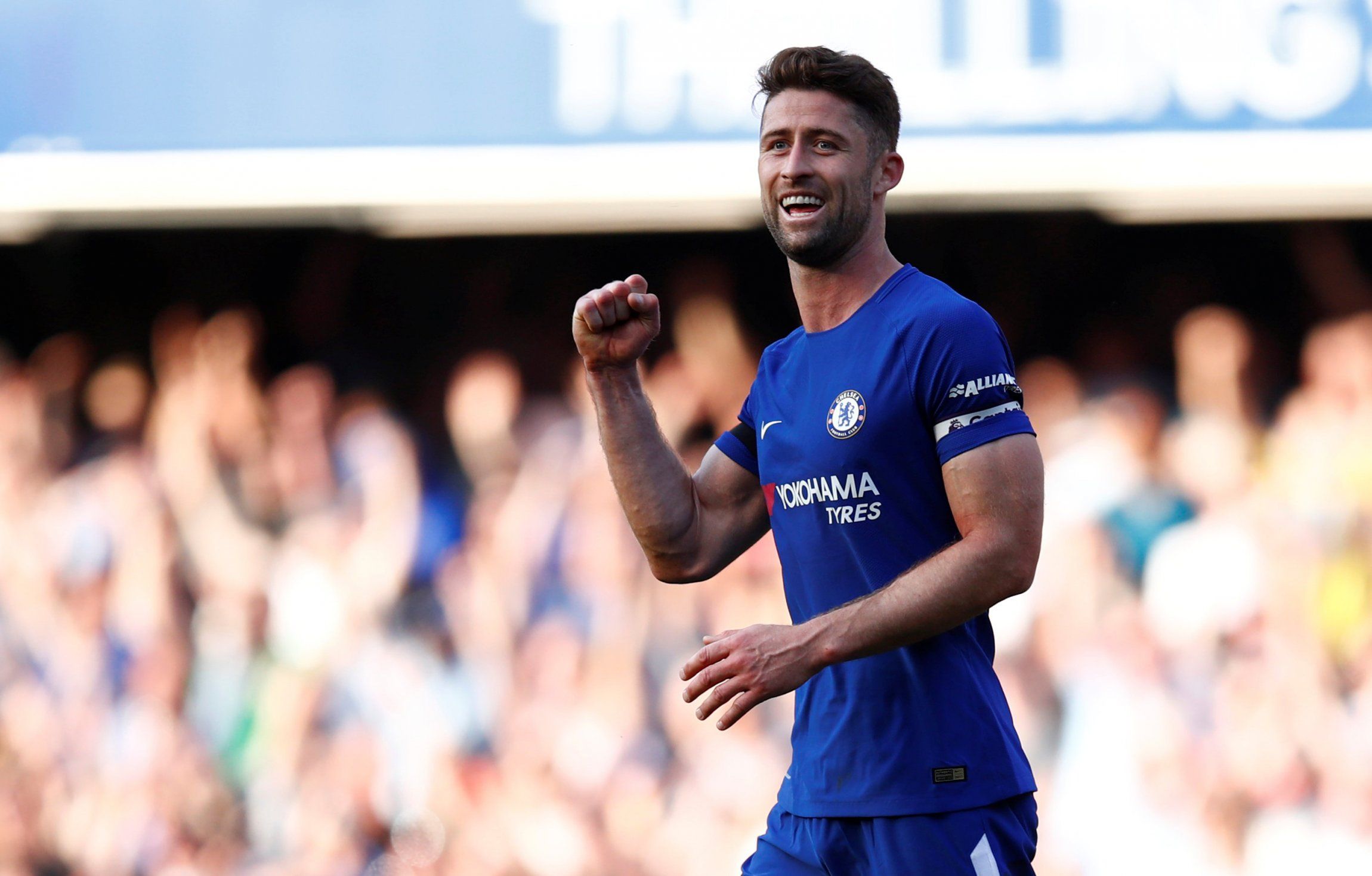 Gary Cahill celebrates beating Liverpool