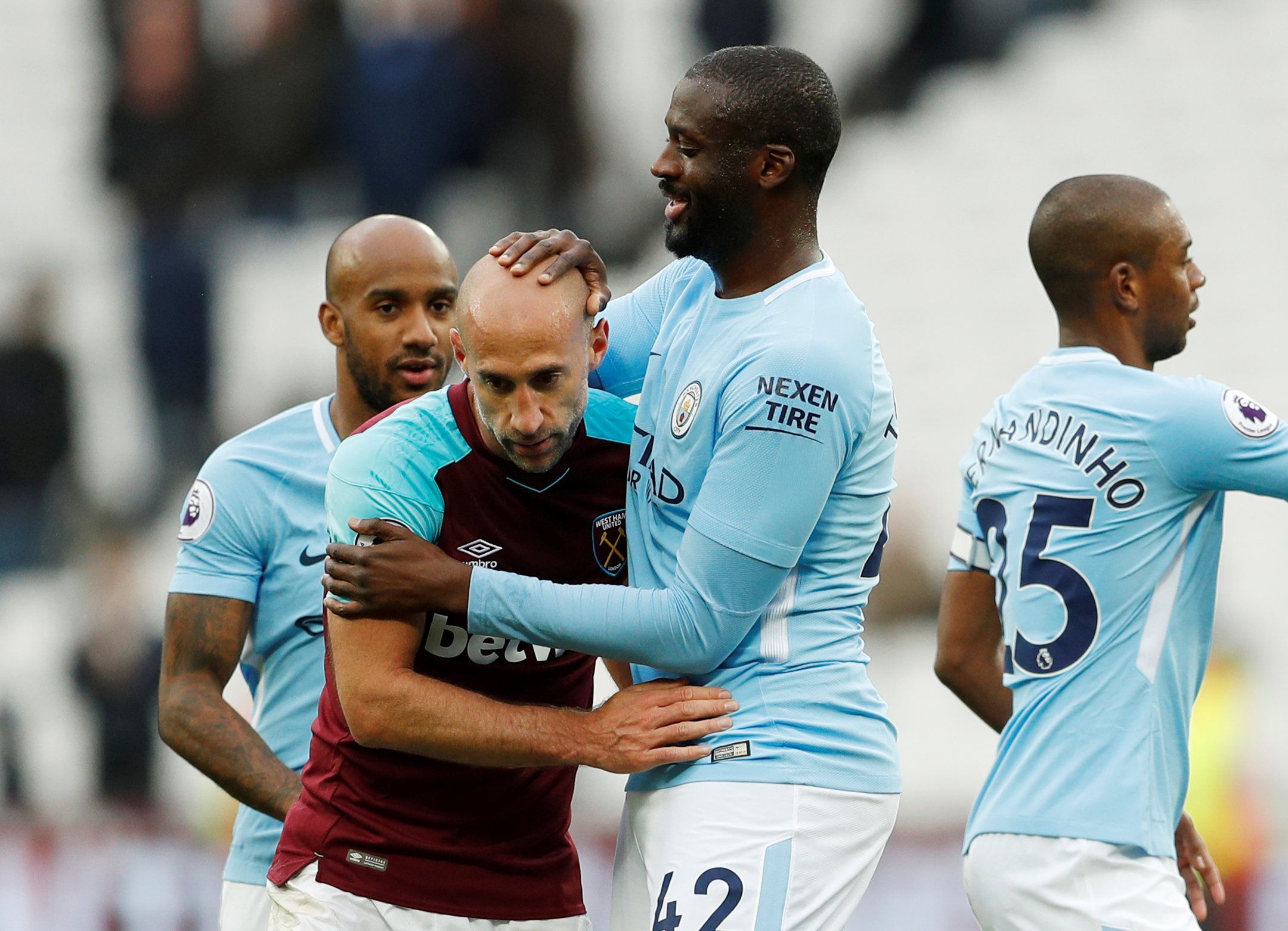 Soccer Football - Premier League - West Ham United v Manchester City - London Stadium, London, Britain - April 29, 2018   West Ham United's Pablo Zabaleta with Manchester City's Yaya Toure after the match   Action Images via Reuters/John Sibley    EDITORIAL USE ONLY. No use with unauthorized audio, video, data, fixture lists, club/league logos or 
