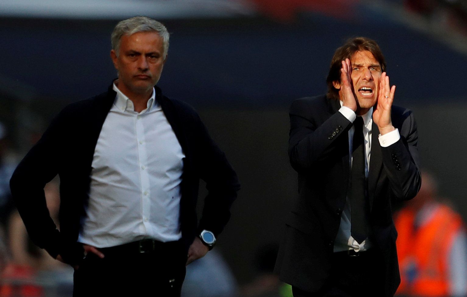 Soccer Football - FA Cup Final - Chelsea vs Manchester United - Wembley Stadium, London, Britain - May 19, 2018   Manchester United manager Jose Mourinho looks on as Chelsea manager Antonio Conte reacts   Action Images via Reuters/Lee Smith     TPX IMAGES OF THE DAY
