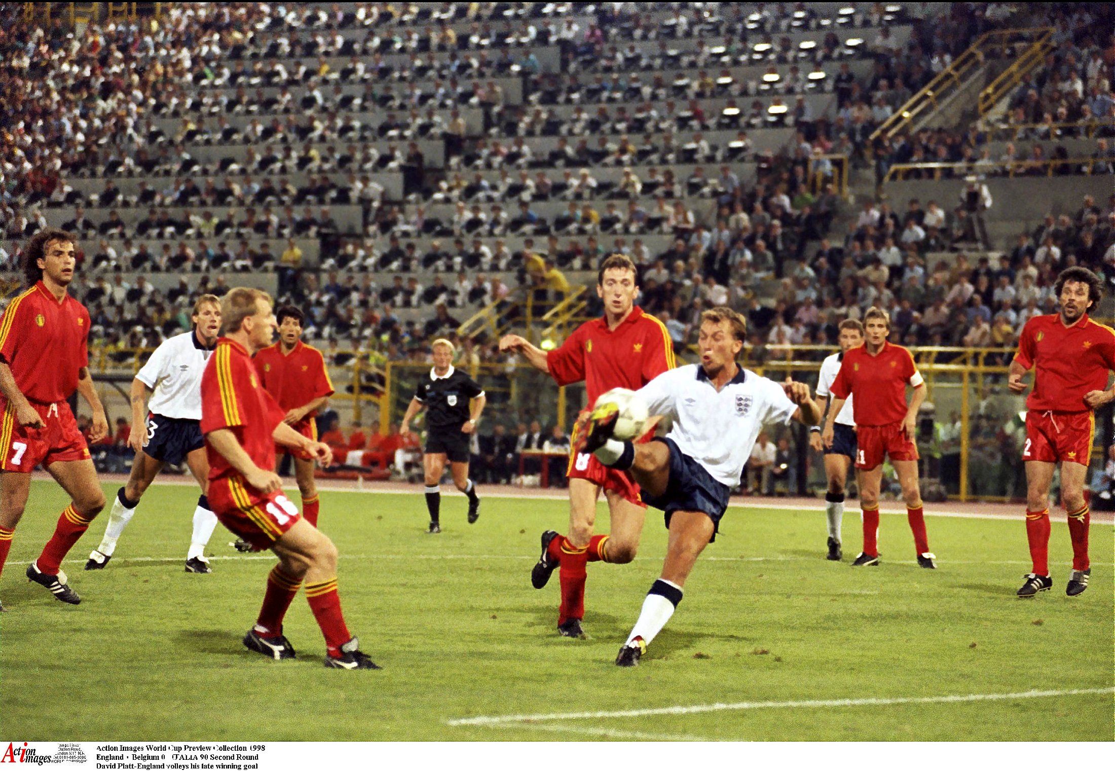 David Platt of England scores the first goal late in extra time to beat Belgium at the 1990 World Cup