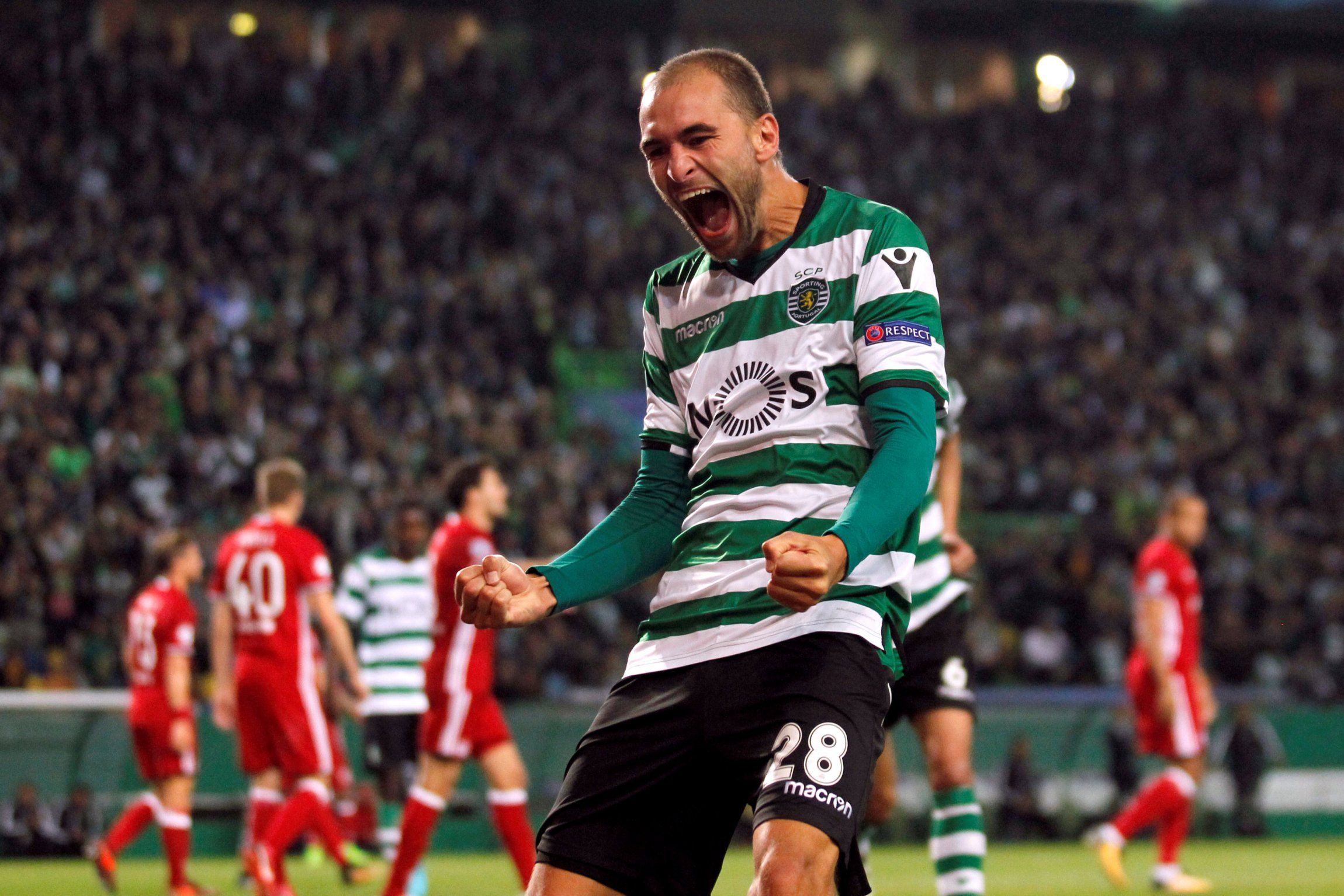 Bas Dost celebrates scoring for Sporting in the Europa League