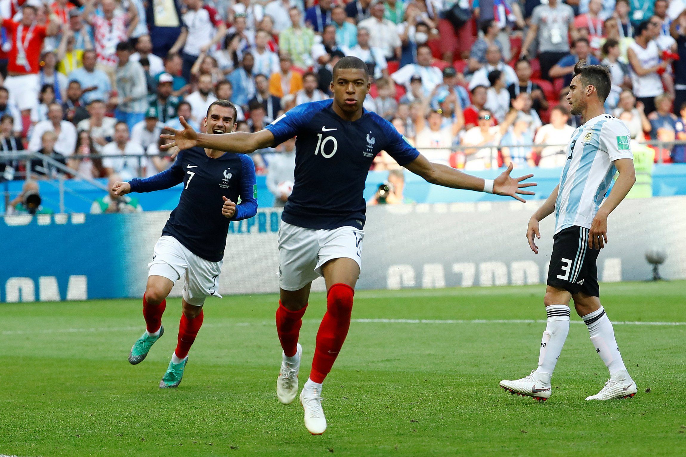 Kylian Mbappe celebrates scoring for France against Argentina at the World Cup
