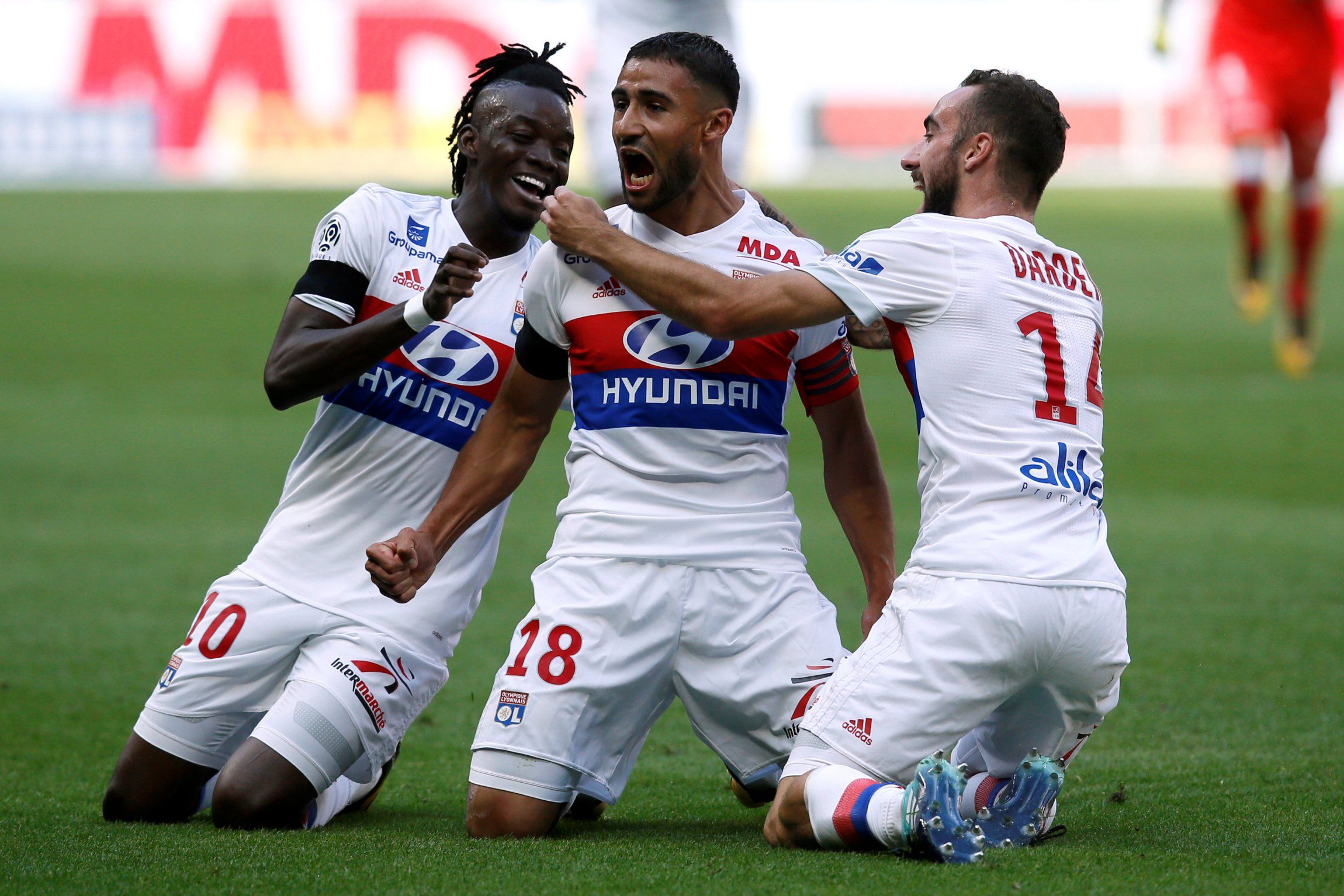 Nabil Fekir celebrates scoring for Lyon