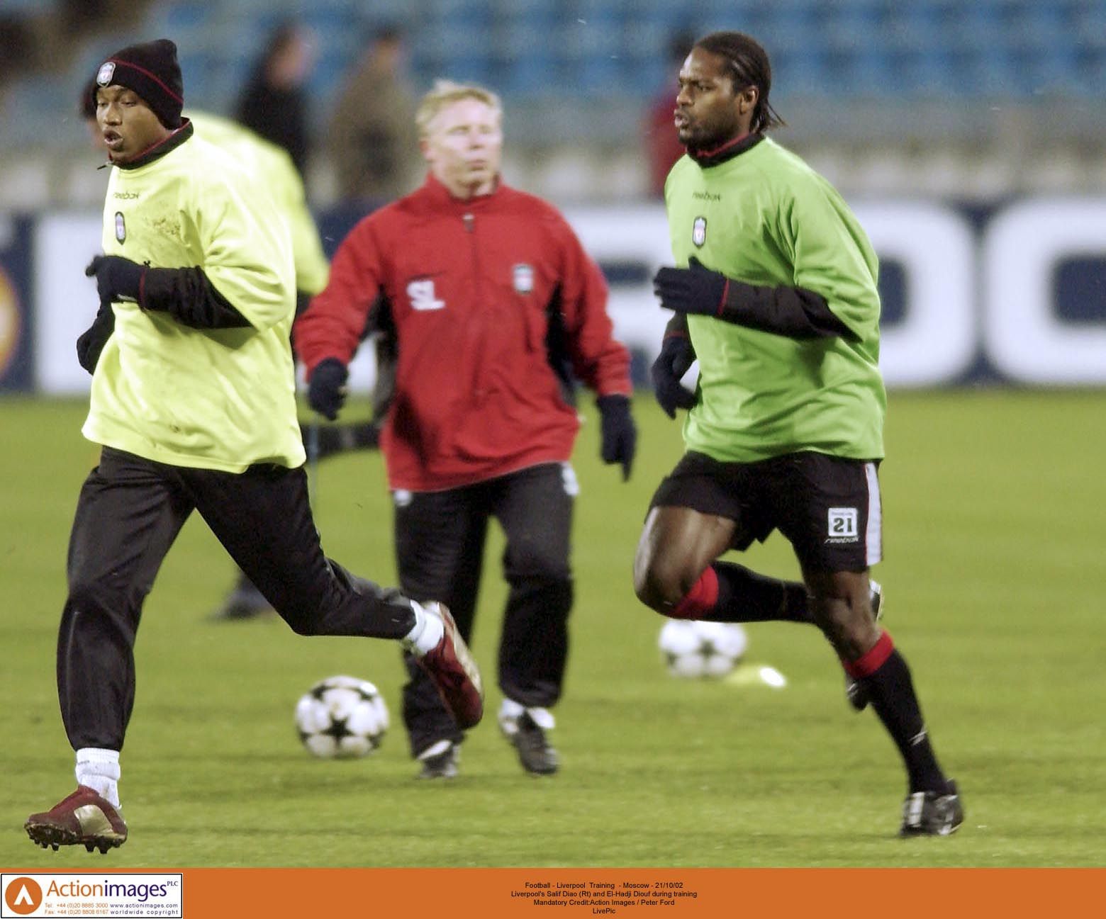 Football - Liverpool  Training  - Moscow - 21/10/02 
Liverpool's Salif Diao (Rt) and El Hadji Diouf during training 
Mandatory Credit:Action Images / Peter Ford 
LivePic