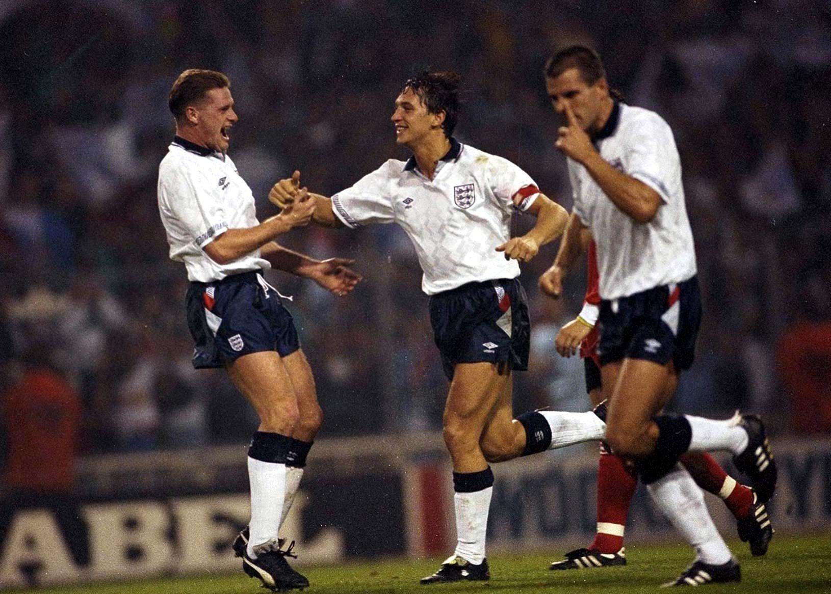 Gary Lineker and Paul Gascoigne celebrate at World Cup Italia 90