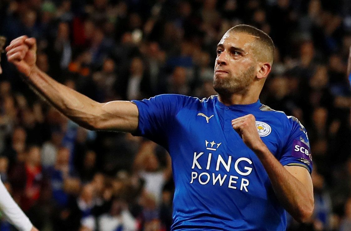 Soccer Football - Carabao Cup Fourth Round - Leicester City vs Leeds United - King Power Stadium, Leicester, Britain - October 24, 2017   Leicester City's Islam Slimani celebrates scoring their second goal             Action Images via Reuters/Jason Cairnduff  EDITORIAL USE ONLY. No use with unauthorized audio, video, data, fixture lists, club/league logos or 